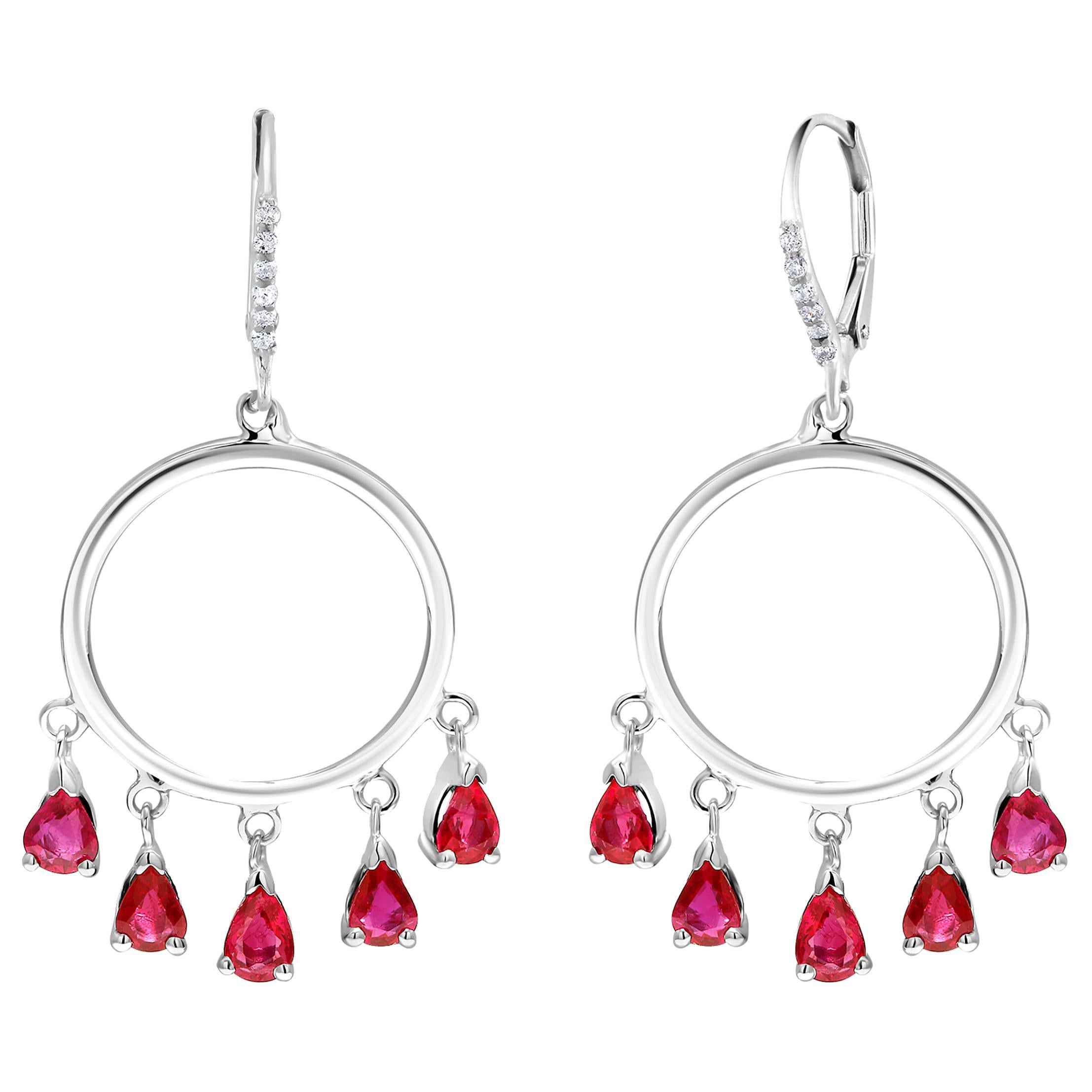 Ten Pear Shape Dangle Ruby and Diamond White Gold Double Circle Hoop Earrings
