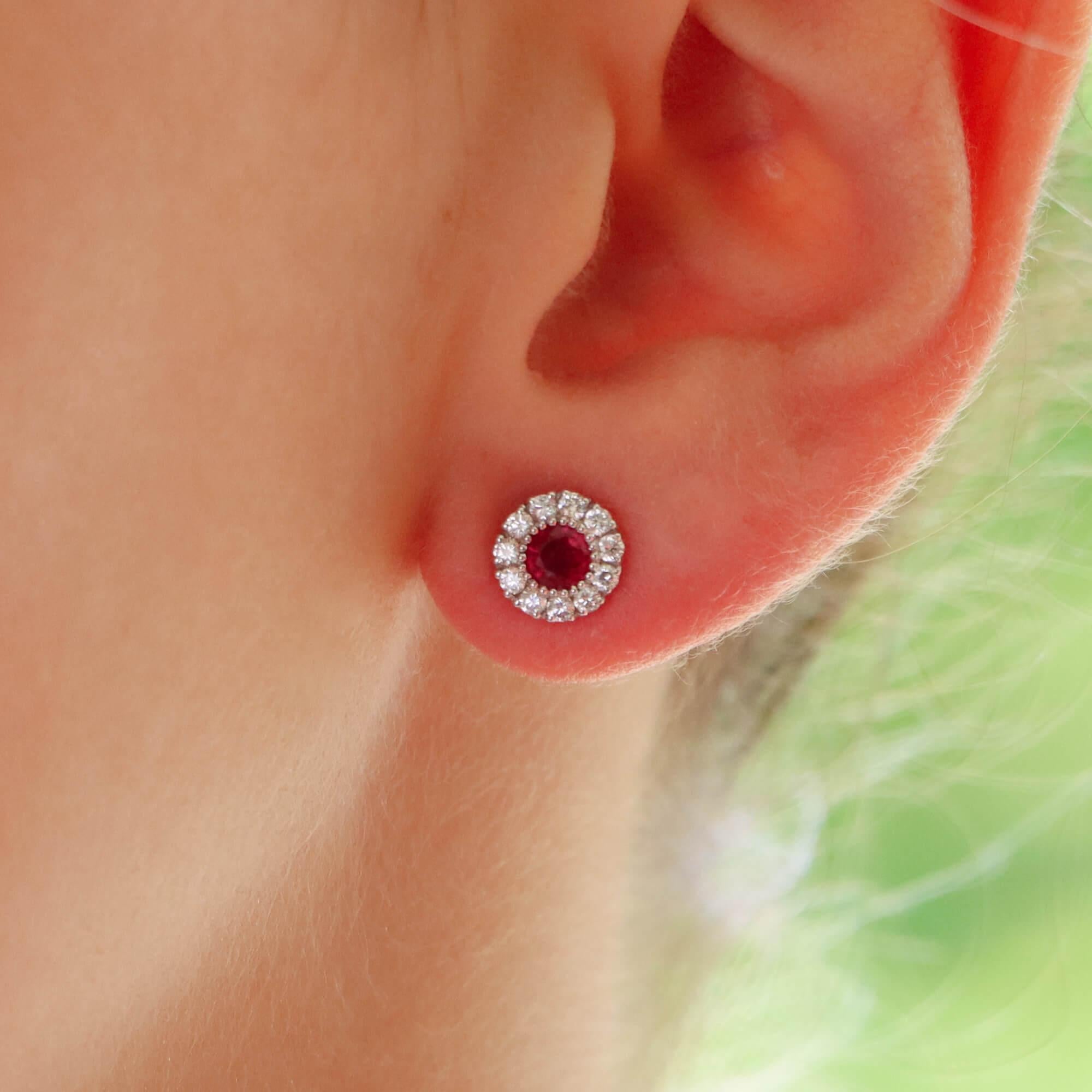 Modern Ruby and Diamond Circular Cluster Earrings in 18k White Gold For Sale