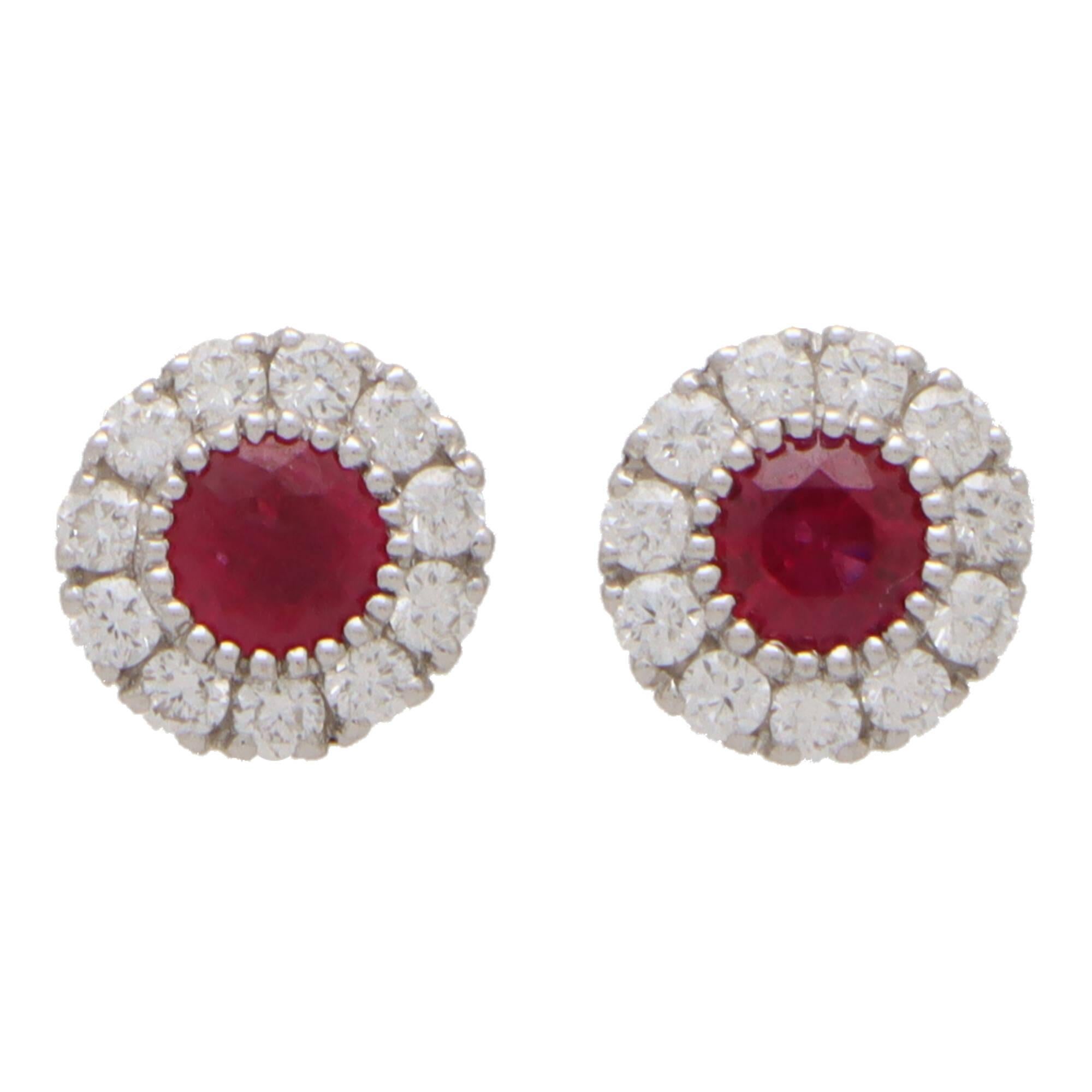 Round Cut Ruby and Diamond Circular Cluster Earrings in 18k White Gold For Sale