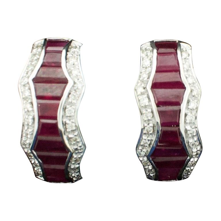 Ruby and Diamond Clip-On Earring in 18 Karat with Trapezoid Cut Rubies