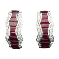 Retro Ruby and Diamond Clip-On Earring in 18 Karat with Trapezoid Cut Rubies