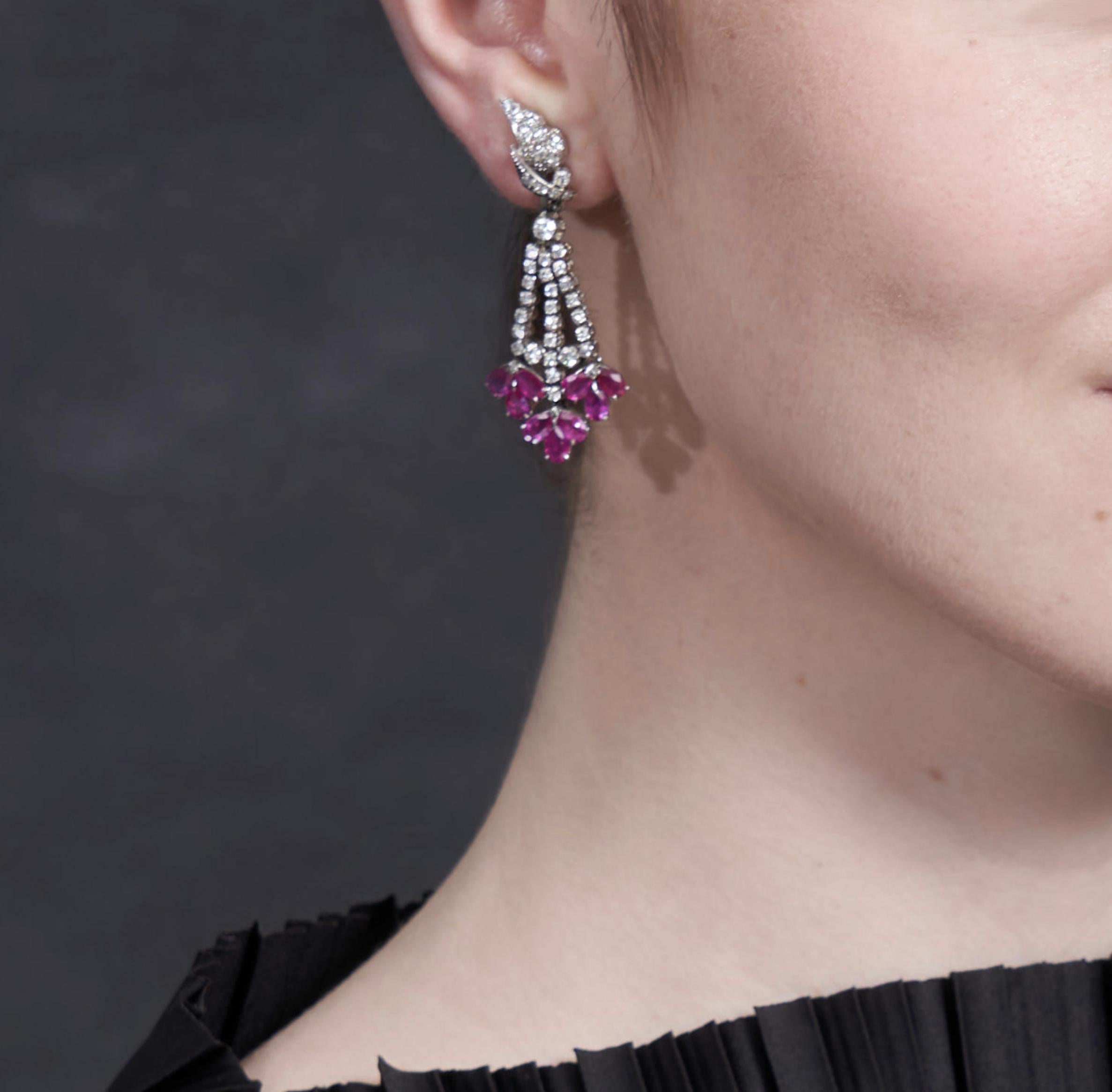 Pear Cut Ruby and Diamond Clip-on Earrings For Sale