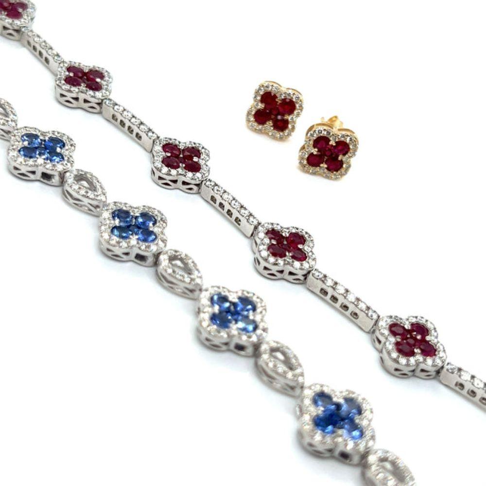 Round Cut Ruby and Diamond Clover Bracelet Set in 14K Gold. For Sale