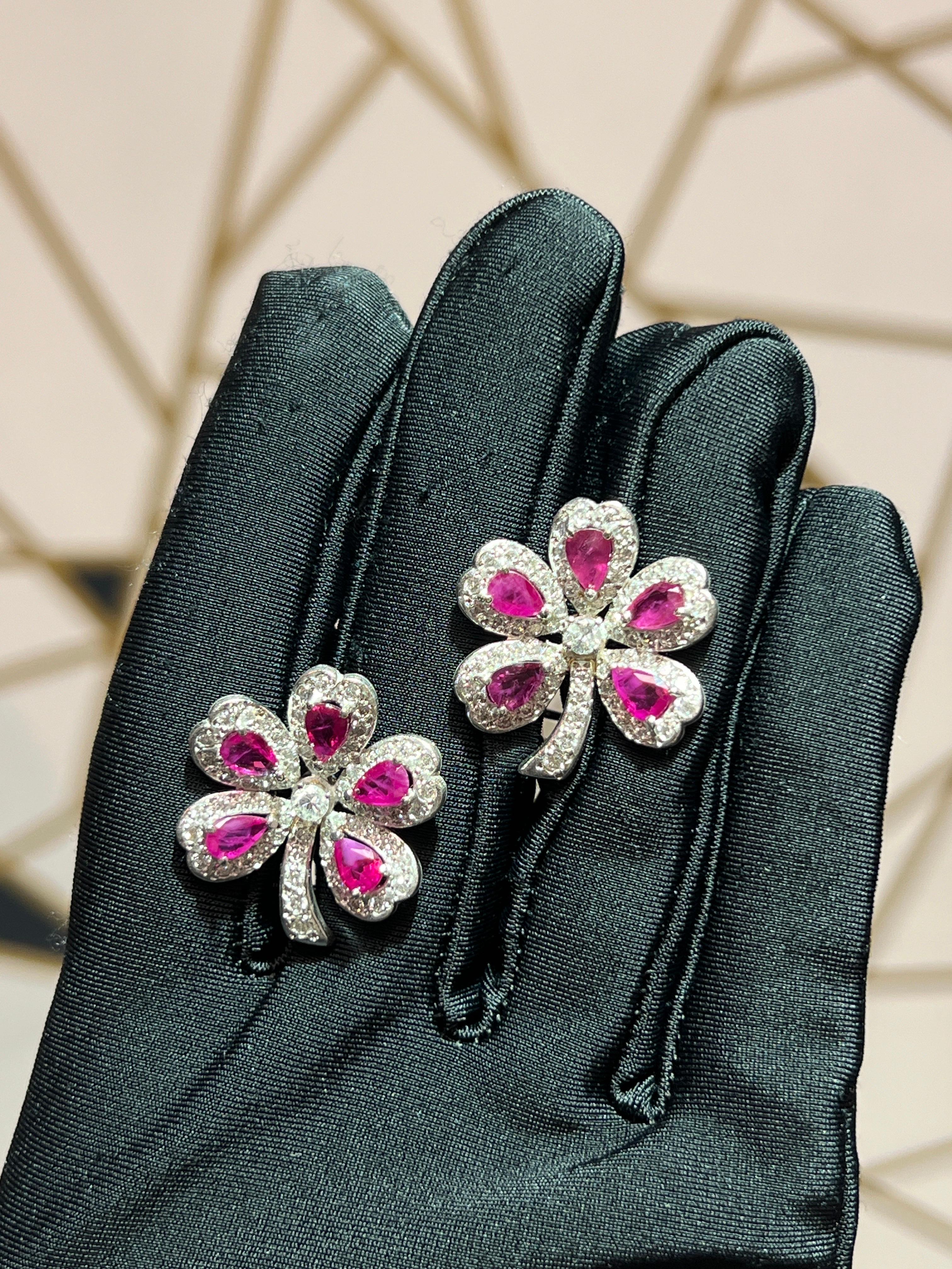 Mixed Cut Ruby and Diamond Clover Earrings  For Sale
