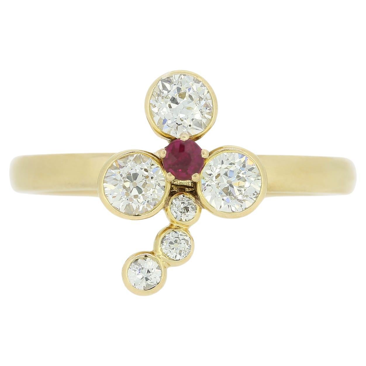 Ruby and Diamond Clover Ring For Sale