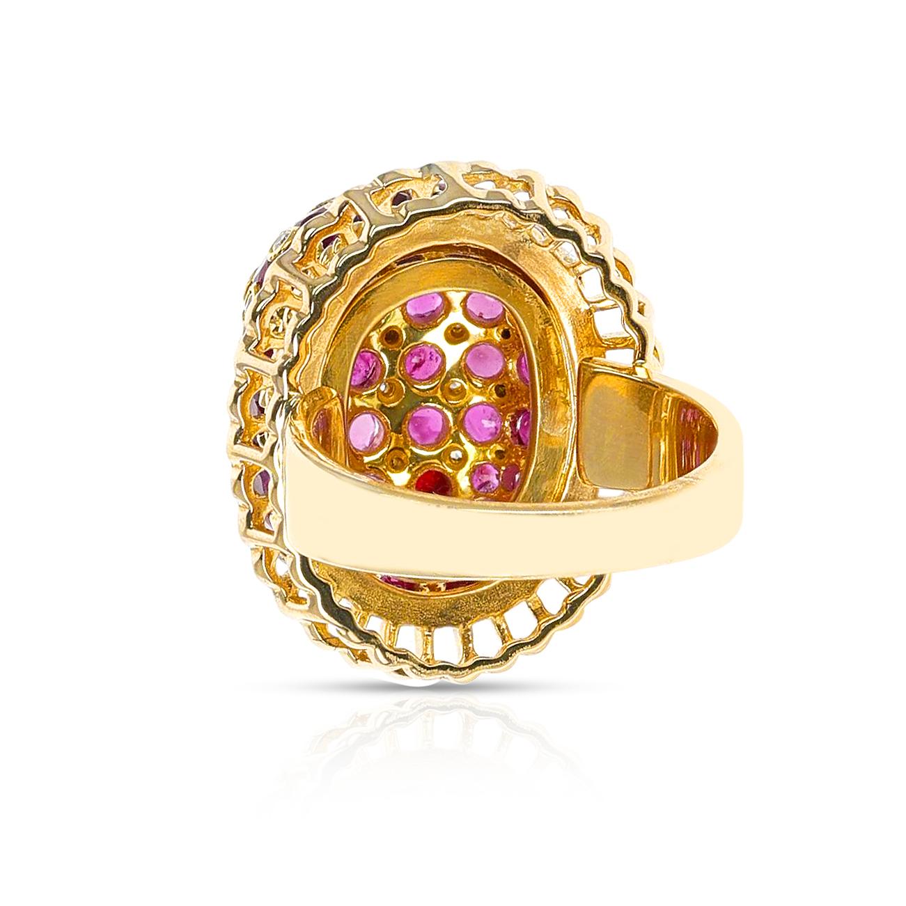 Round Cut Ruby and Diamond Cluster Dome Cocktail Ring, 18K Yellow Gold For Sale