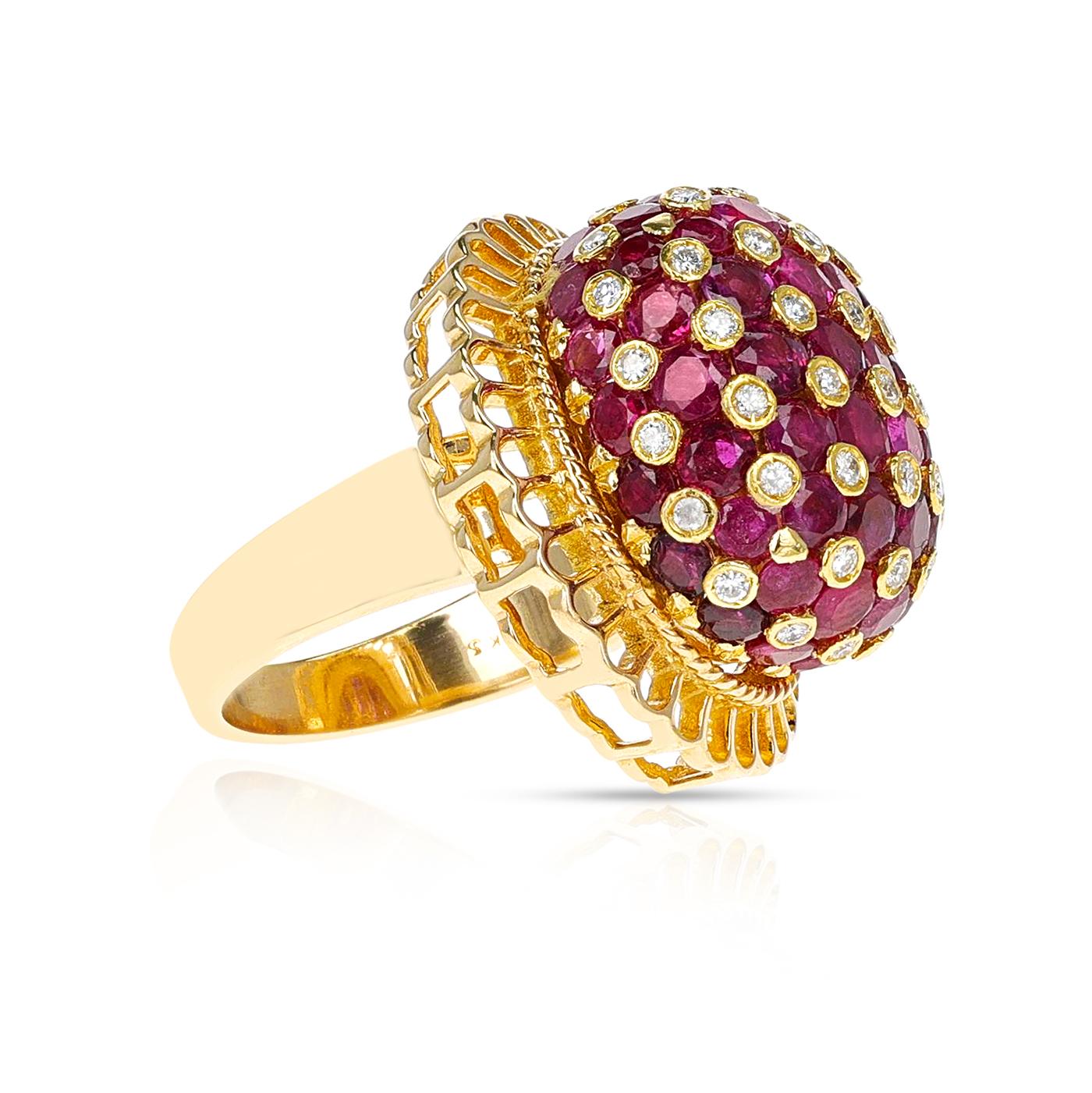 Ruby and Diamond Cluster Dome Cocktail Ring, 18K Yellow Gold In Excellent Condition For Sale In New York, NY