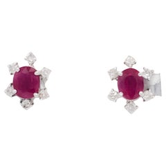 Ruby and Diamond Cluster Earring Studs in 18k White Gold