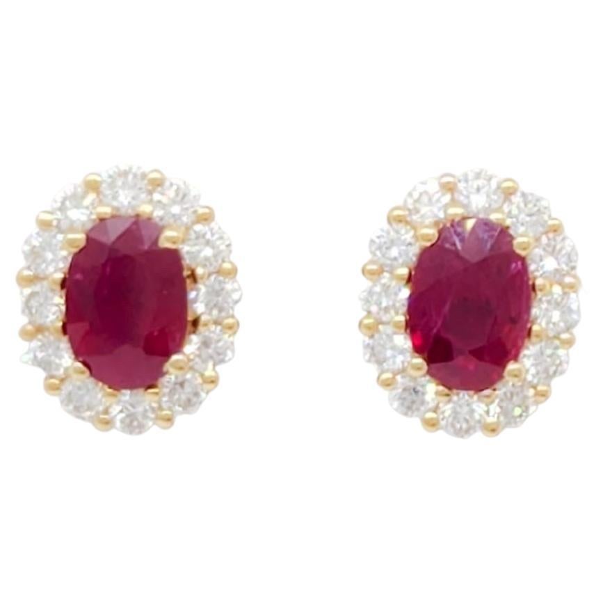 Ruby and Diamond Target Cluster Stud Earrings in 9ct Yellow and White