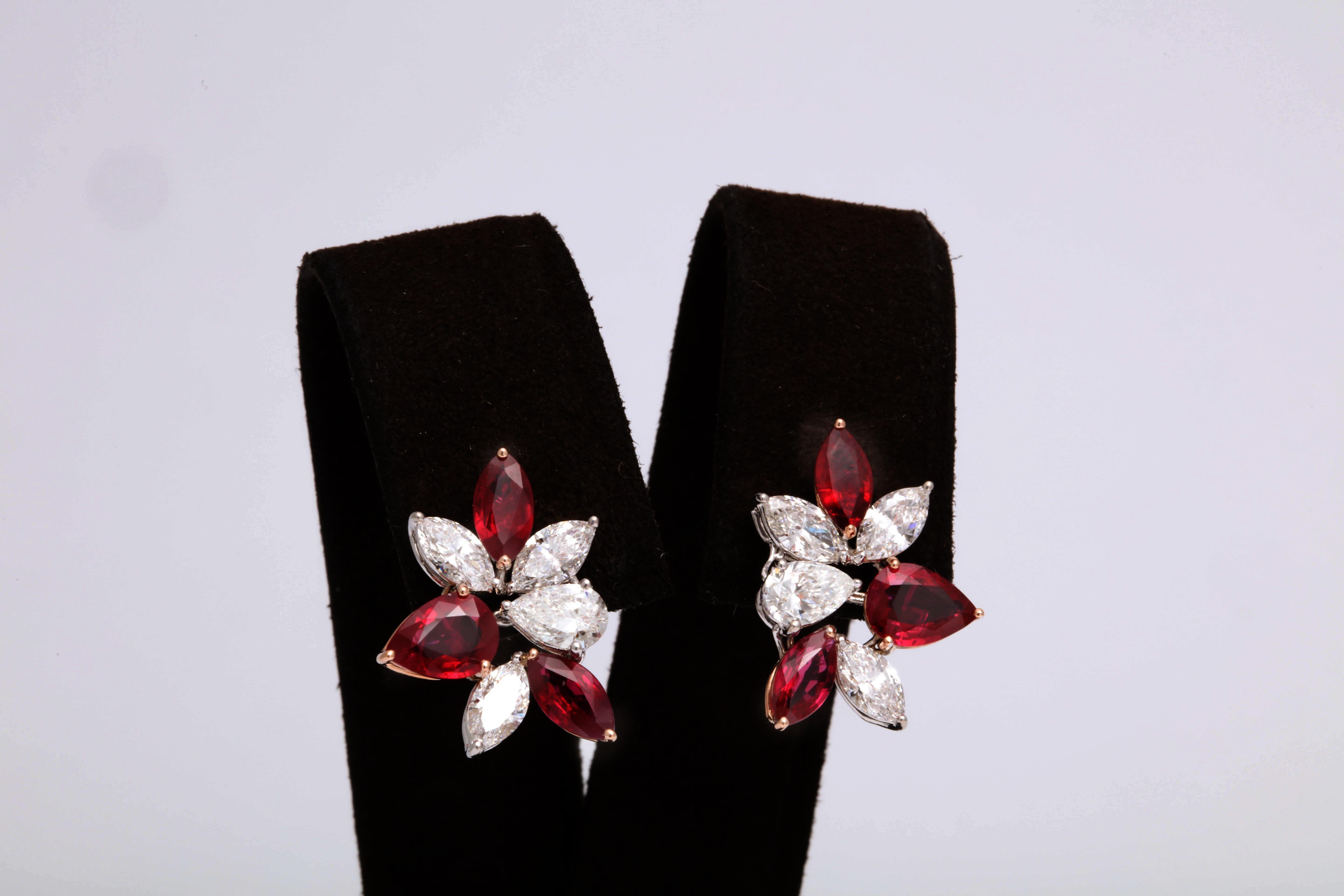 Ruby and Diamond Cluster Earrings In New Condition In New York, NY