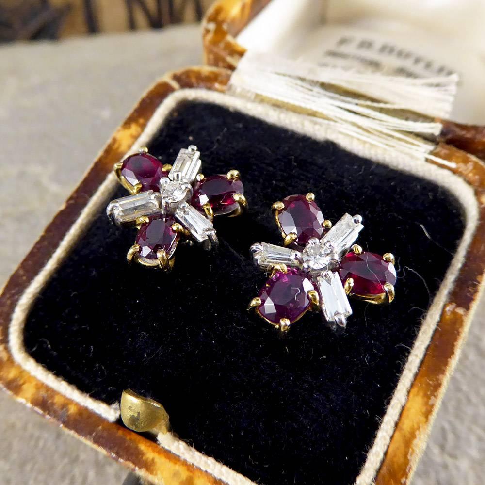 Ruby and Diamond Cluster Earrings in 18 Carat Gold In Good Condition In Yorkshire, West Yorkshire
