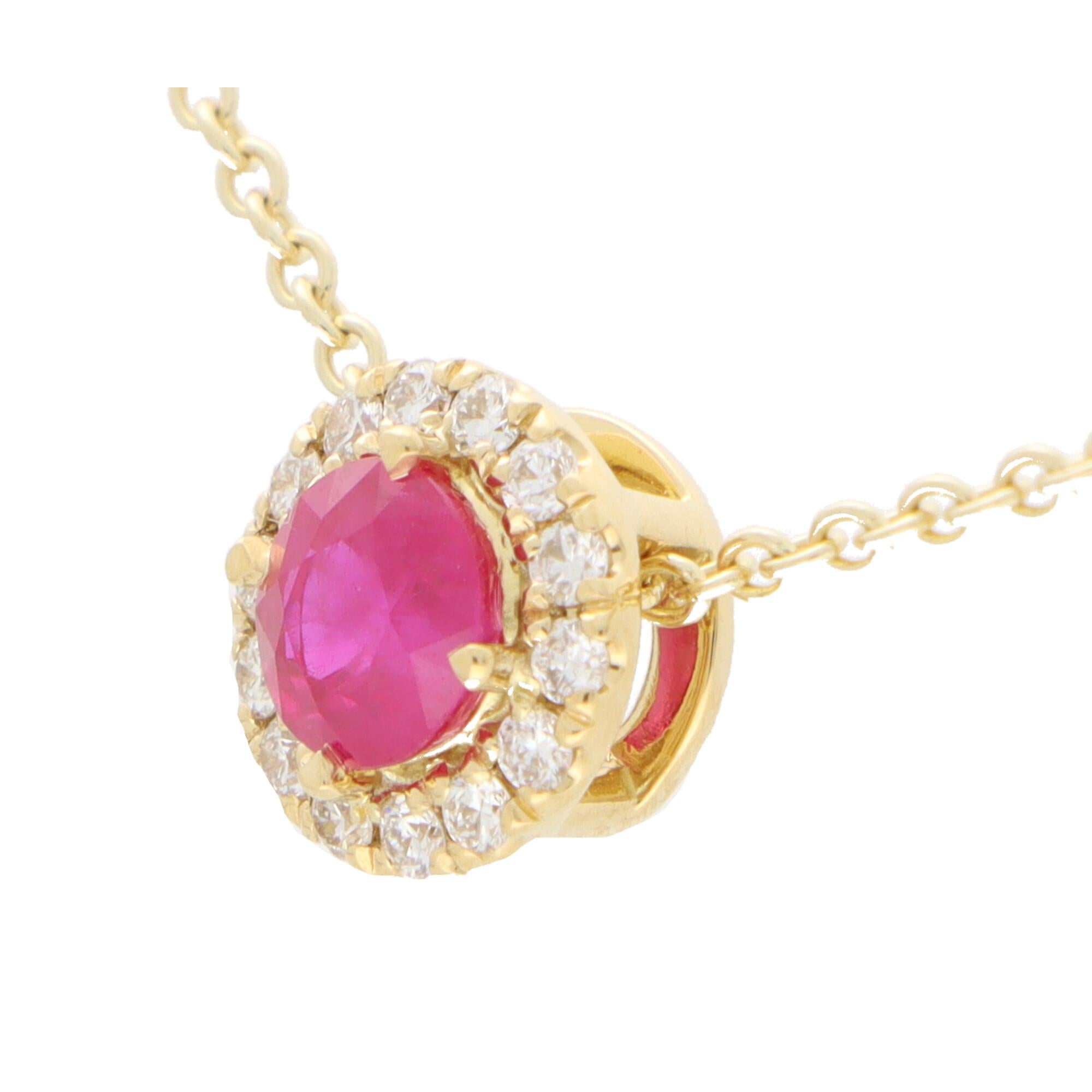 Round Cut Ruby and Diamond Cluster Pendant Necklace Set in Yellow Gold For Sale