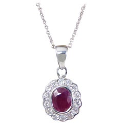 Ruby and Diamond Cluster Pendant Necklace with a 18 Carat White Gold Chain