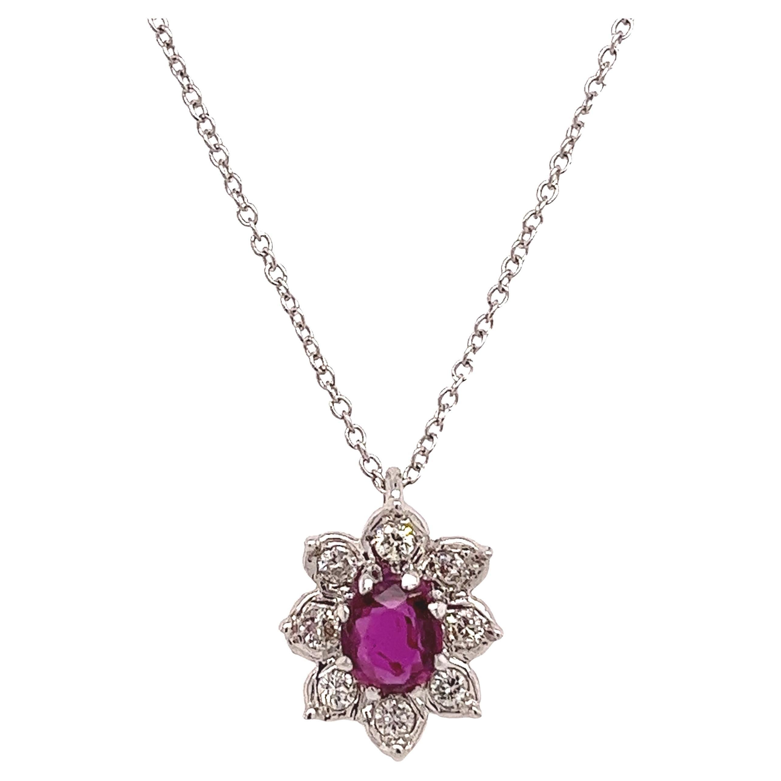 Ruby and Diamond Cluster Pendant Set In 18ct White Gold For Sale