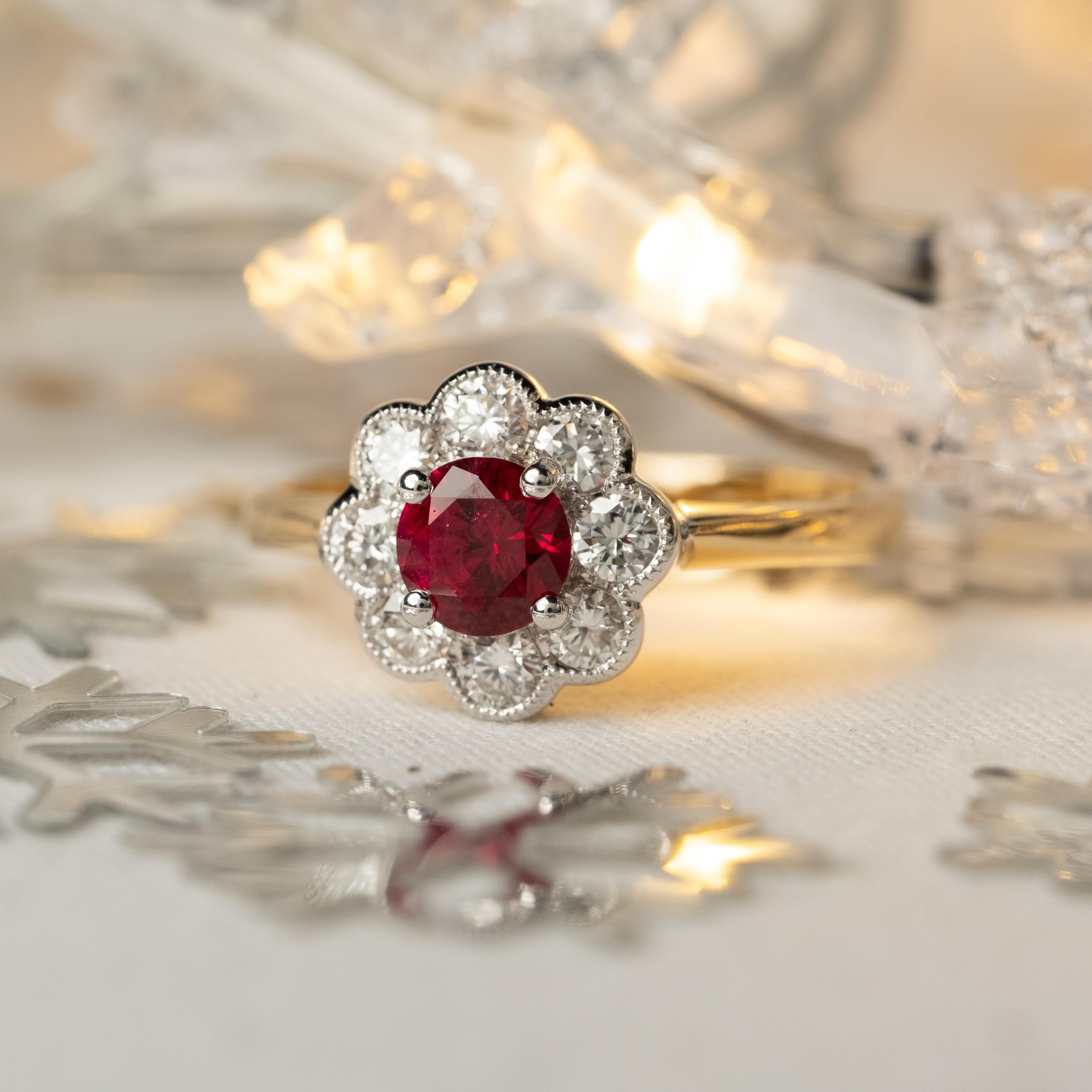 Round Cut Ruby and Diamond Cluster Ring For Sale