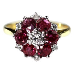 Ruby and Diamond Cluster Ring in 18 Carat White and Yellow Gold, Vintage, Retro