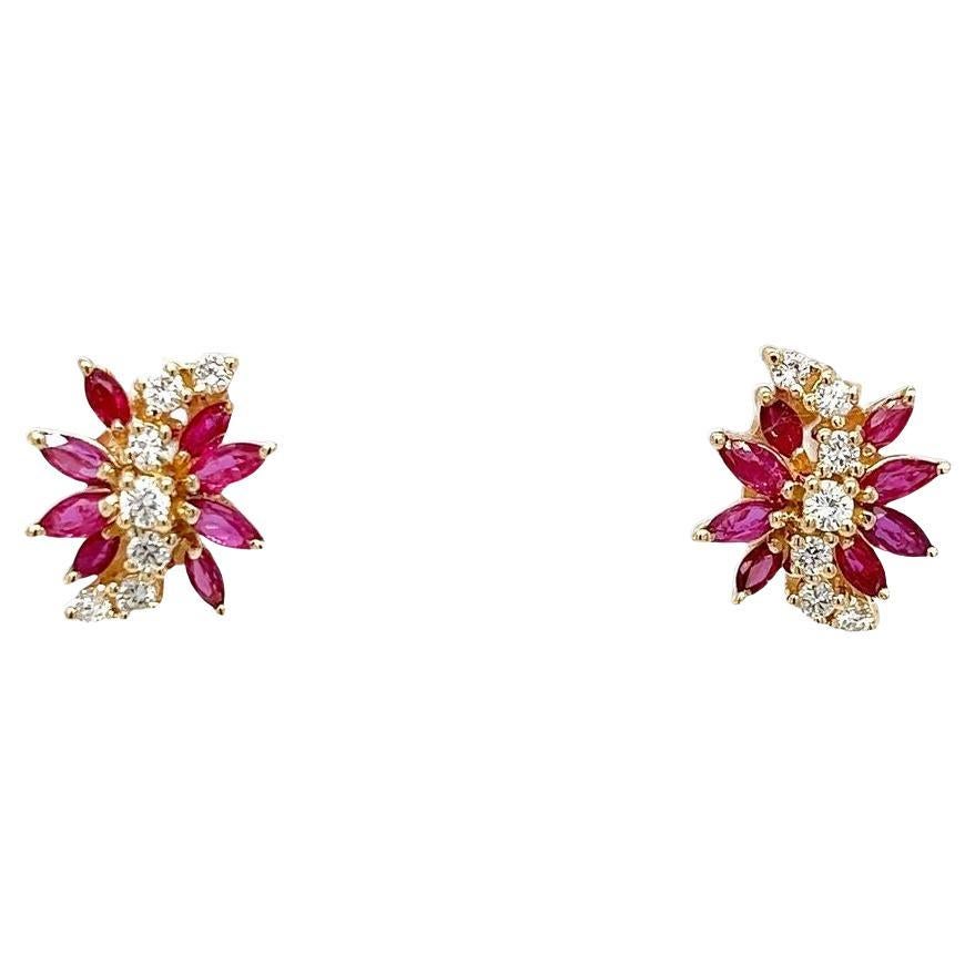 Ruby and Diamond Cluster Stud Earrings