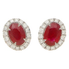 Ruby and Diamond Cluster Stud Earrings Set in 18 Karat White Gold