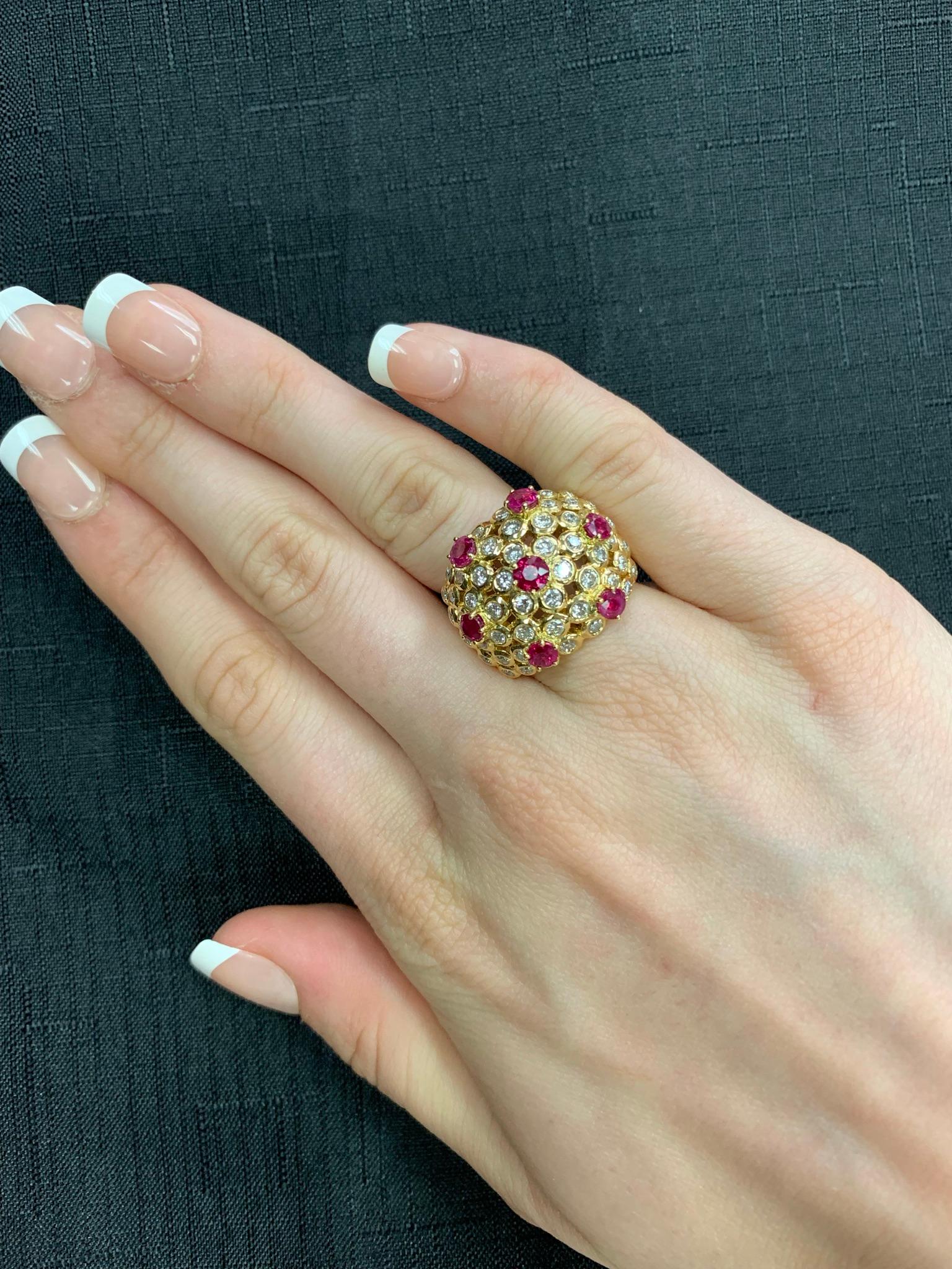 Ruby and Diamond Cocktail Cluster Ring, 18 Karat Yellow Gold For Sale 2