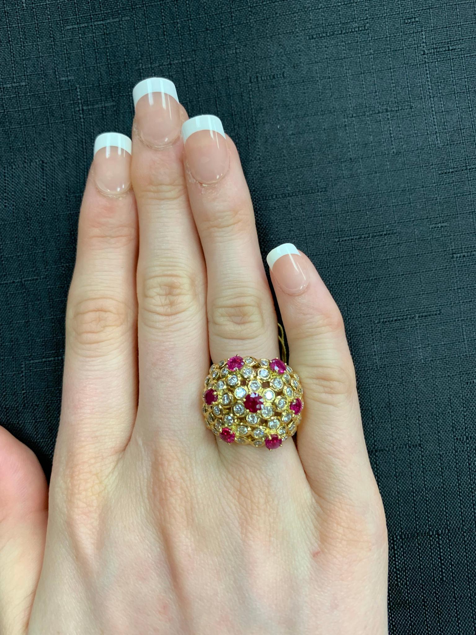 Ruby and Diamond Cocktail Cluster Ring, 18 Karat Yellow Gold For Sale 3