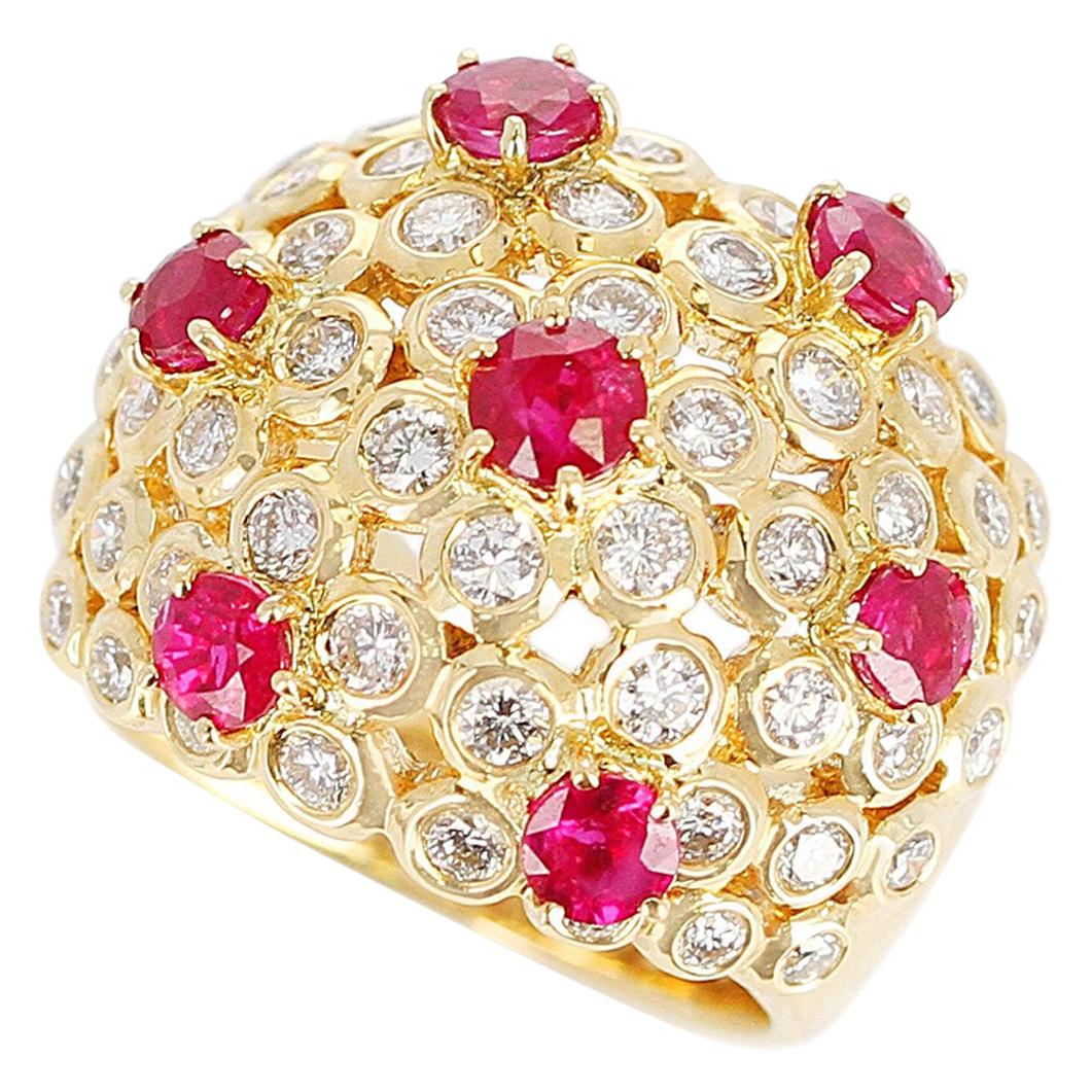 Ruby and Diamond Cocktail Cluster Ring, 18 Karat Yellow Gold For Sale