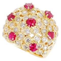 Vintage Ruby and Diamond Cocktail Cluster Ring, 18 Karat Yellow Gold