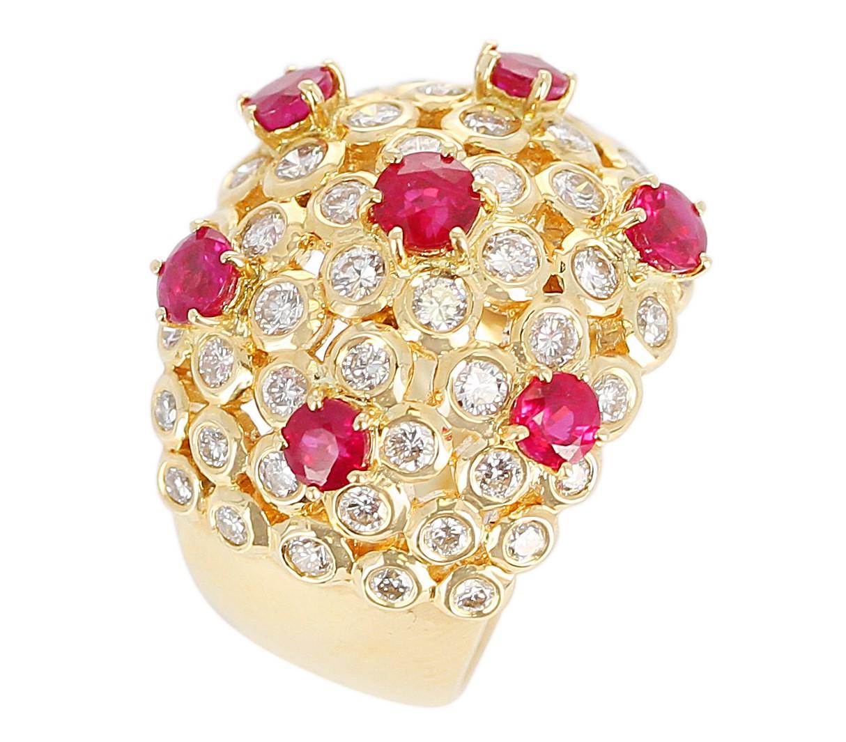 Round Cut Ruby and Diamond Cocktail Cluster Ring, 18 Karat Yellow Gold For Sale