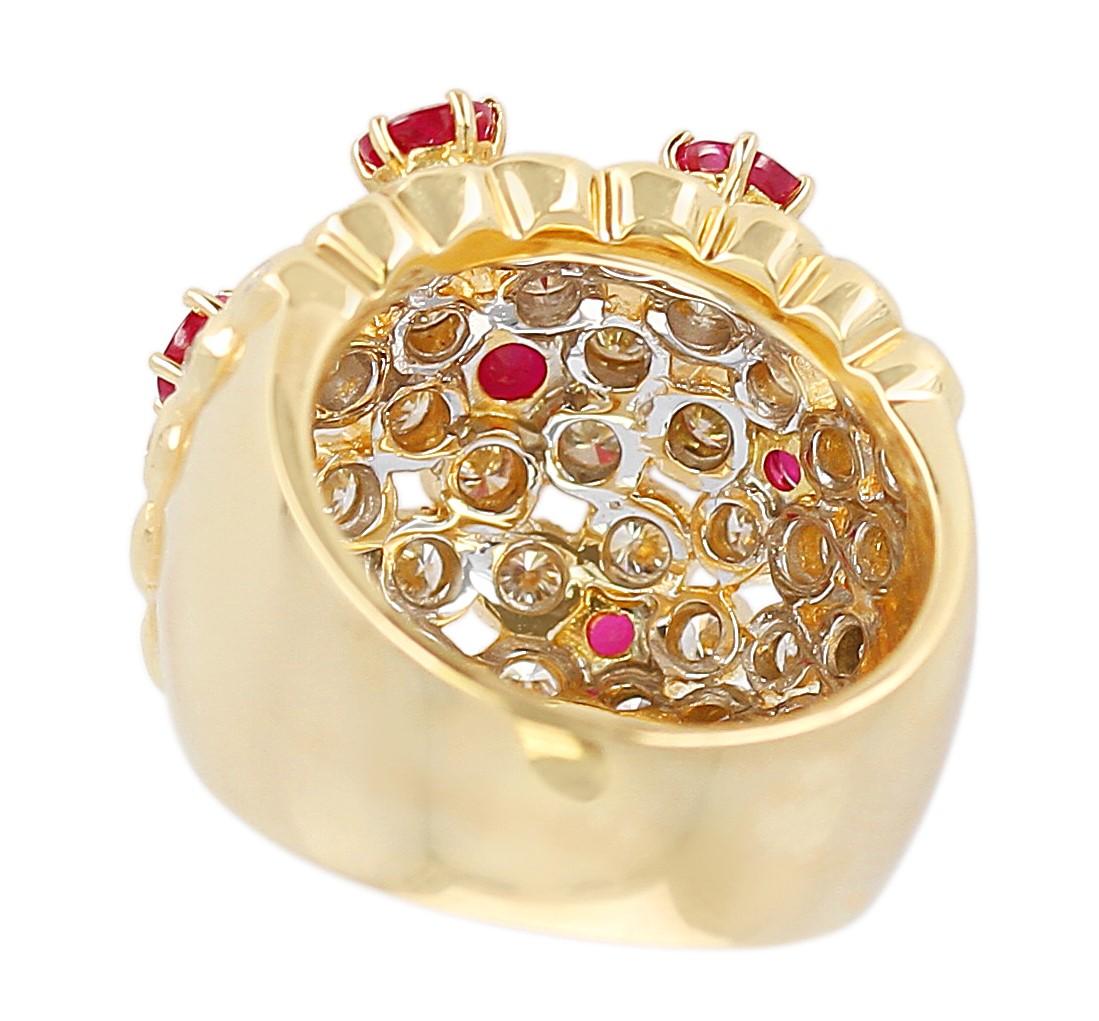 Women's or Men's Ruby and Diamond Cocktail Cluster Ring, 18 Karat Yellow Gold For Sale