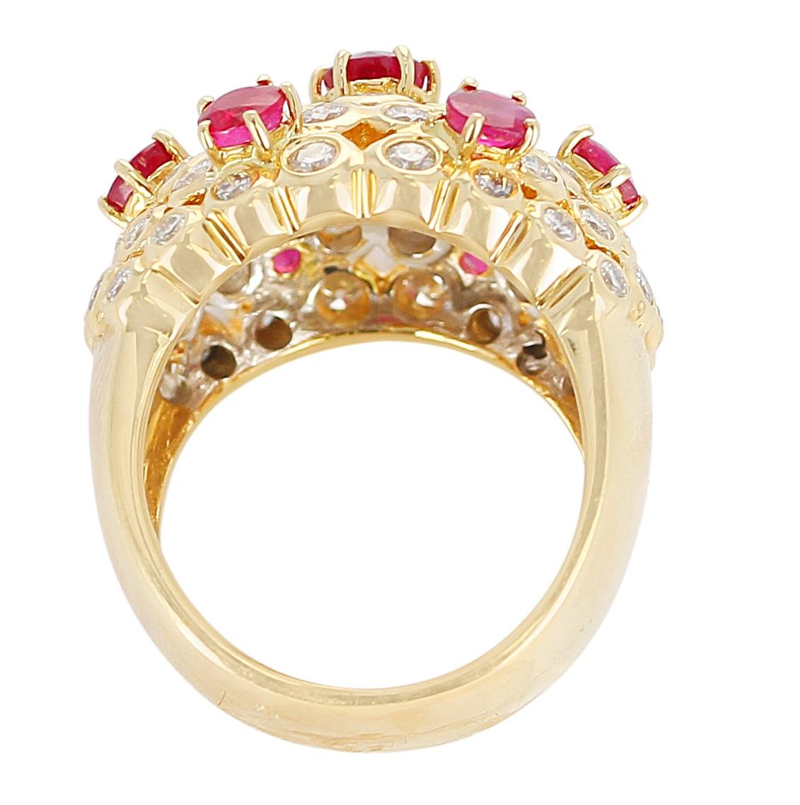 Ruby and Diamond Cocktail Cluster Ring, 18 Karat Yellow Gold For Sale 1