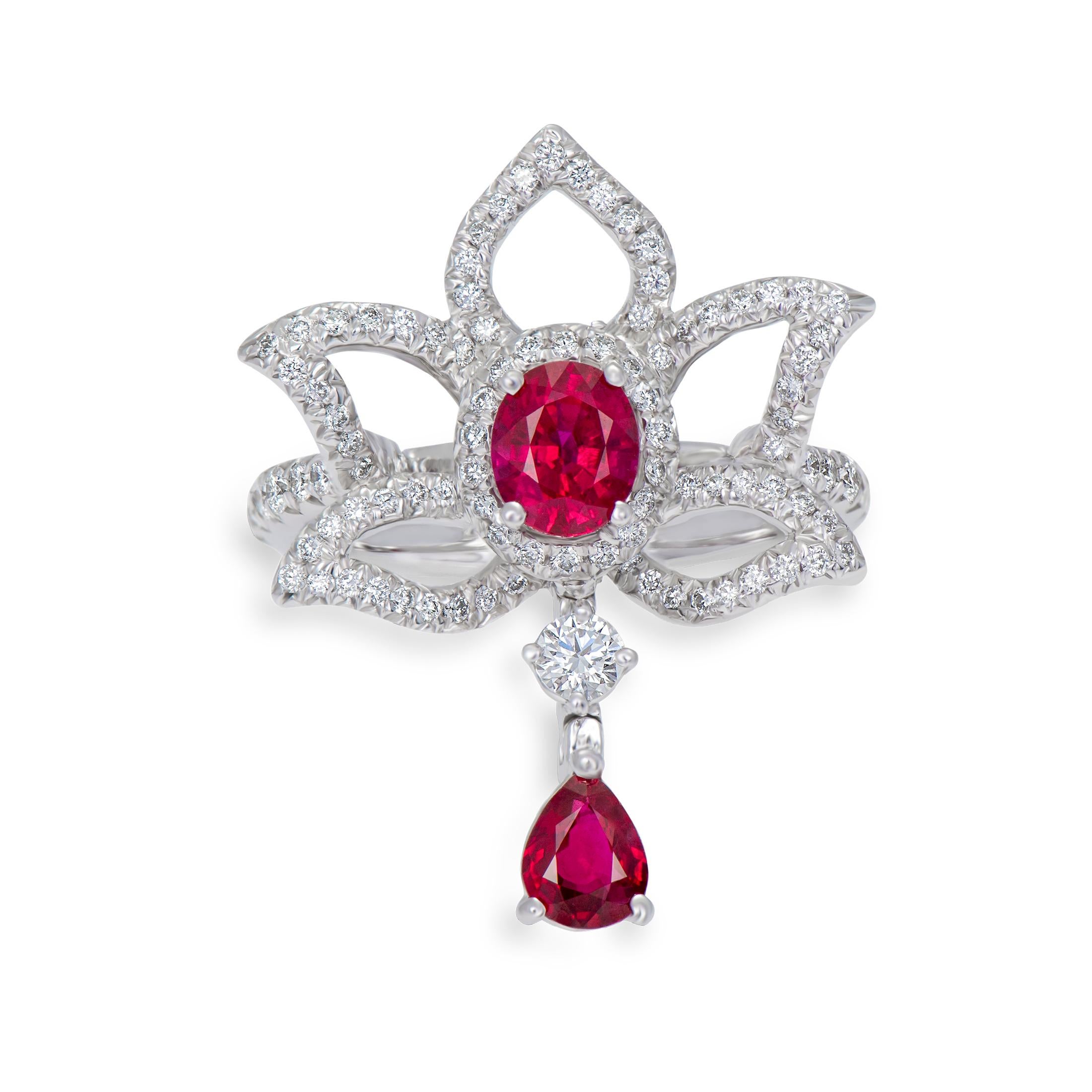 18 karat white gold ruby and diamond cocktail ring from Laviere's Venetian Red Collection. The ring is set with 1.03 carat of ruby and 0.6 carat of brilliant-cut diamonds. 

Gross Weight of the ring:  6.50 grams. The ring is accompanied by the
