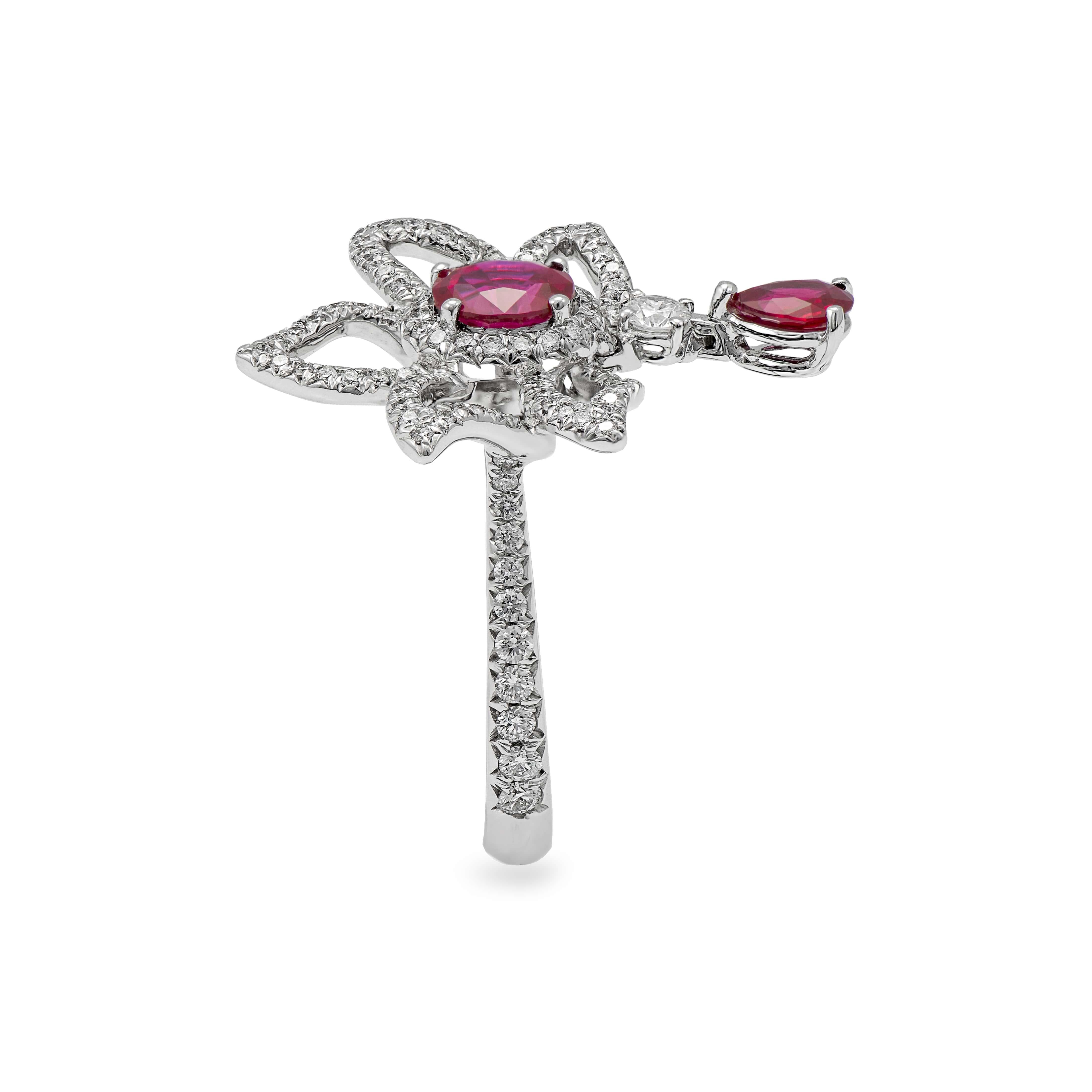 Contemporary 18 Karat White Gold 1.03 Ruby and 0.6 Carat Diamond Cocktail Ring For Sale