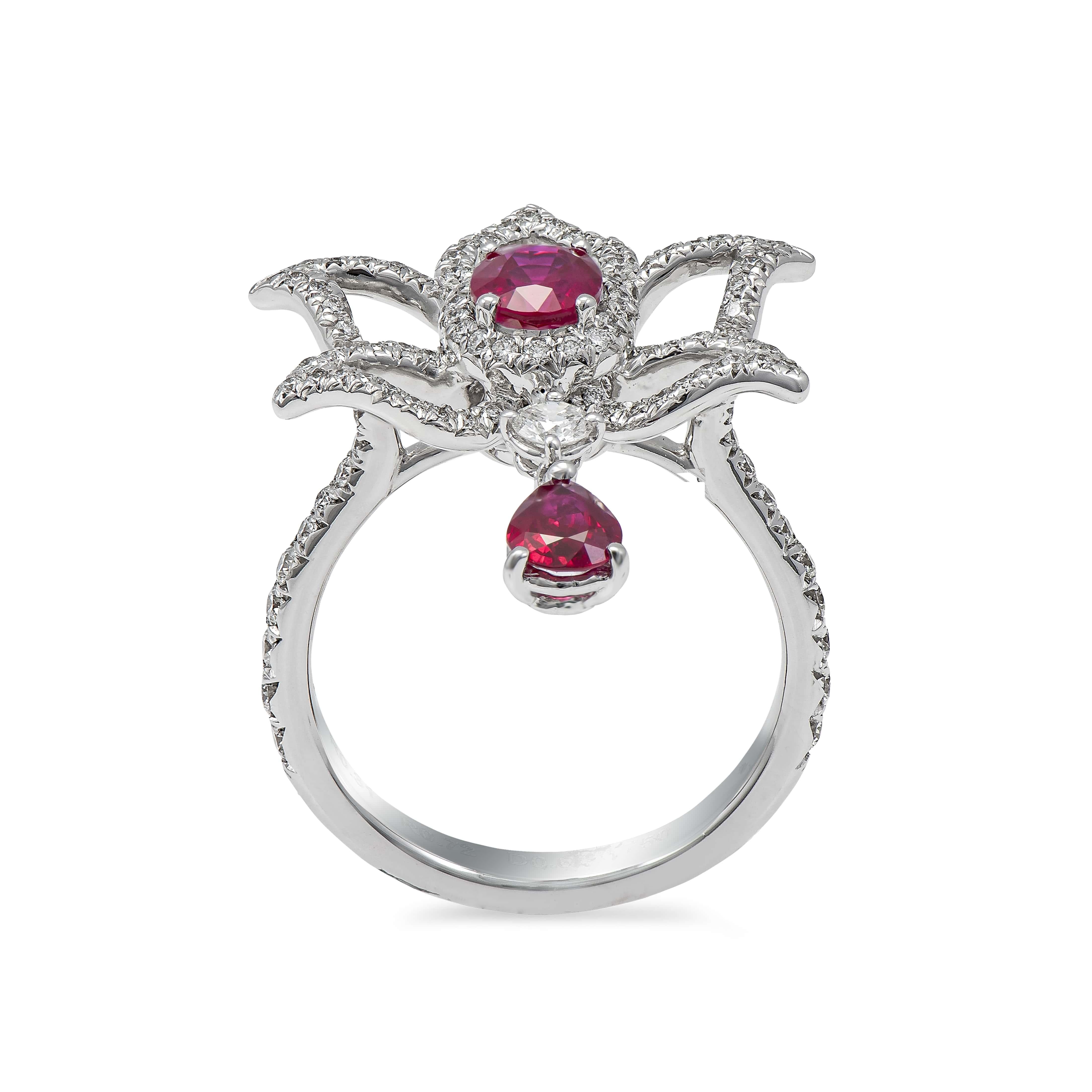 Round Cut 18 Karat White Gold 1.03 Ruby and 0.6 Carat Diamond Cocktail Ring For Sale