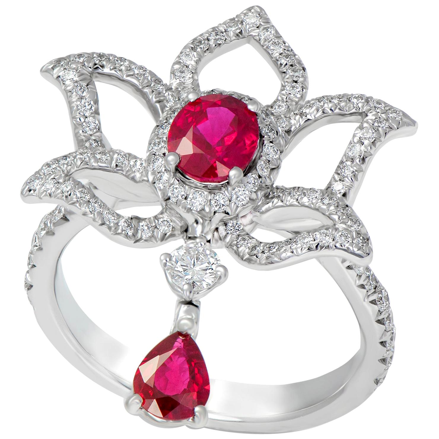 18 Karat White Gold 1.03 Ruby and 0.6 Carat Diamond Cocktail Ring For Sale