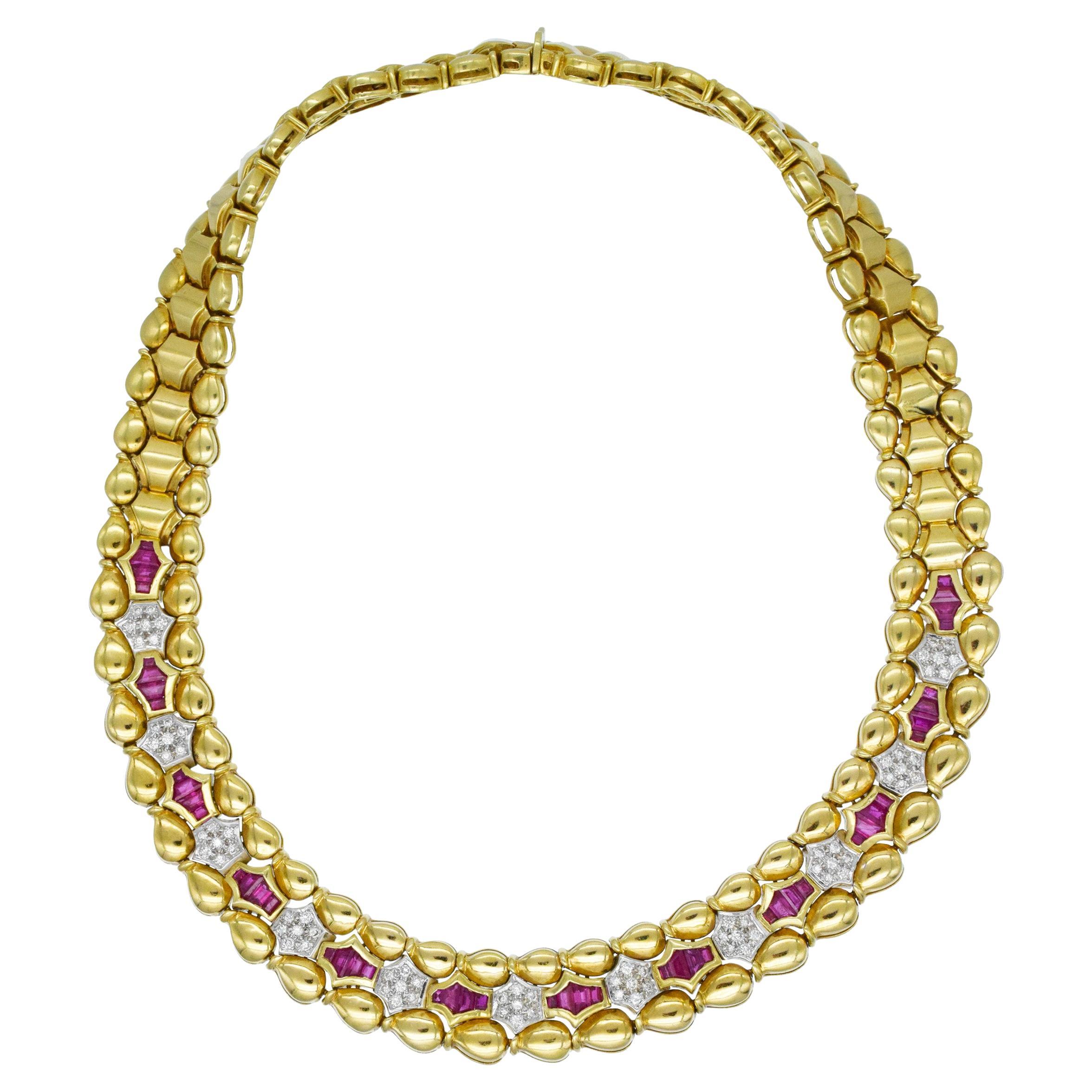 Ruby And Diamond Collar Necklace In 18k Yellow Gold For Sale