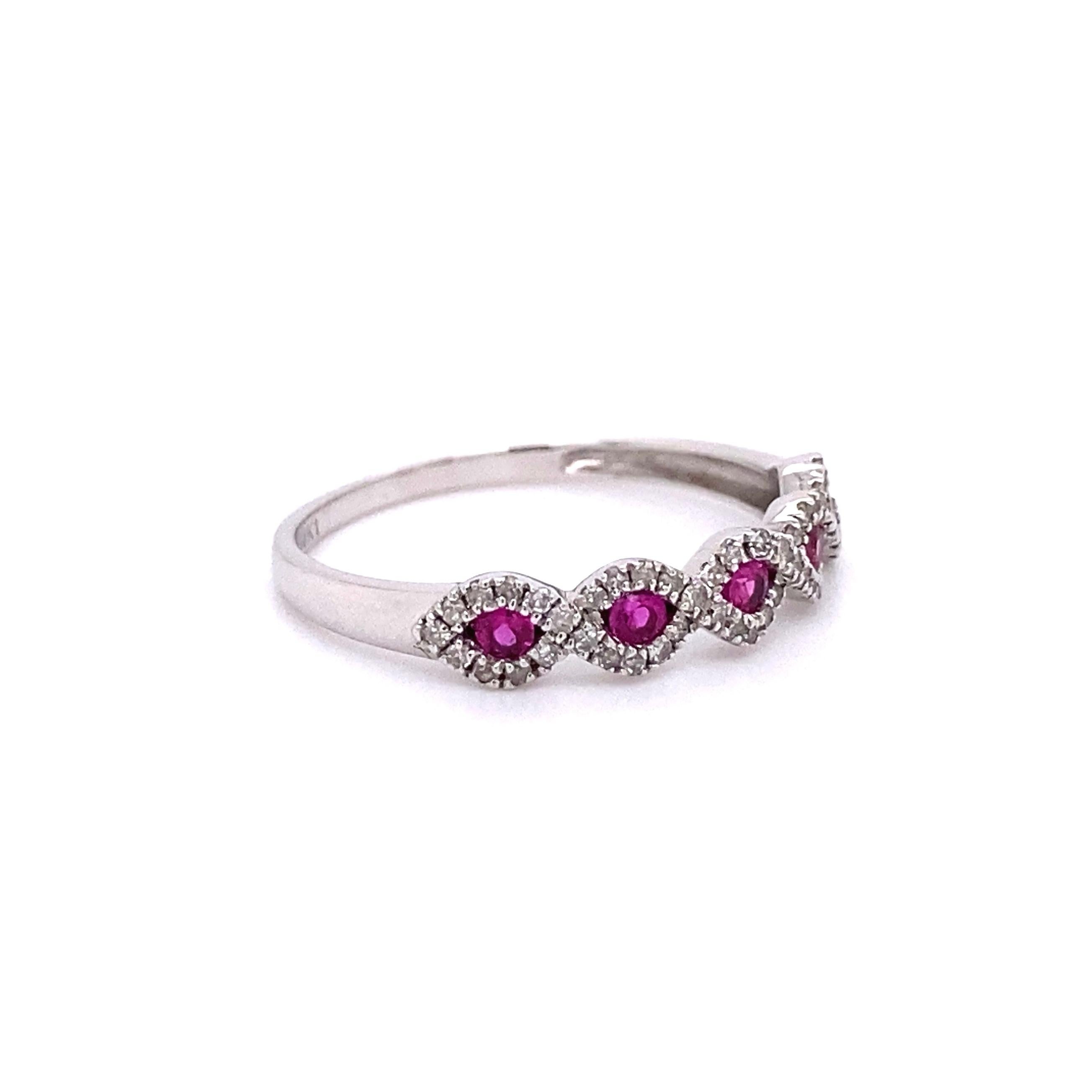Modern Ruby and Diamond Criss-Cross Gold Band Ring  For Sale