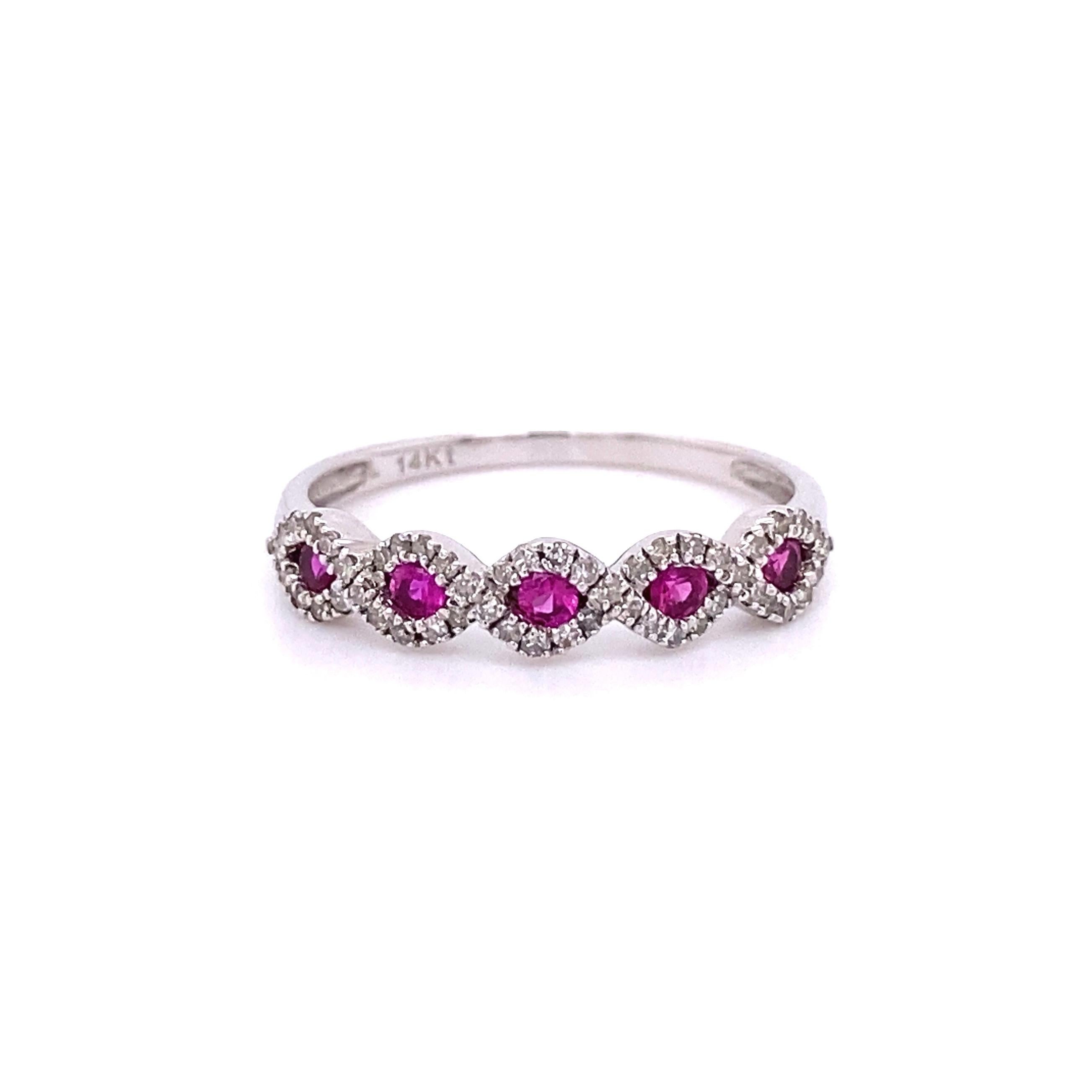 Round Cut Ruby and Diamond Criss-Cross Gold Band Ring  For Sale