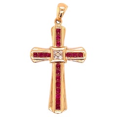 Ruby and Diamond Cross Pendant in 14K Yellow Gold 