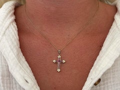 Ruby and Diamond Cross Pendant with Chain in 14k Yellow Gold