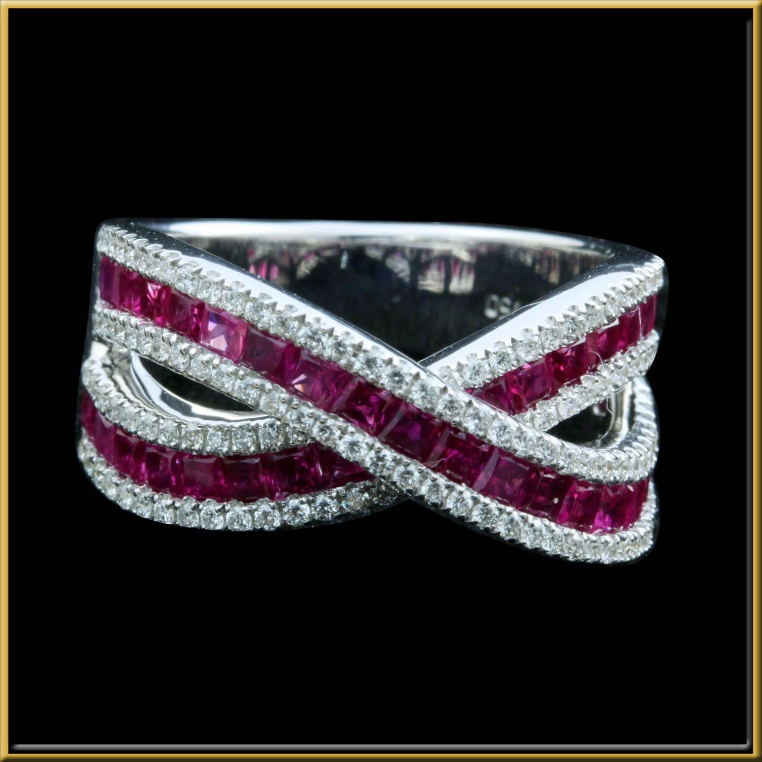 For Sale:  Ruby and Diamond Crossover Ring in 18 Karat Gold 2