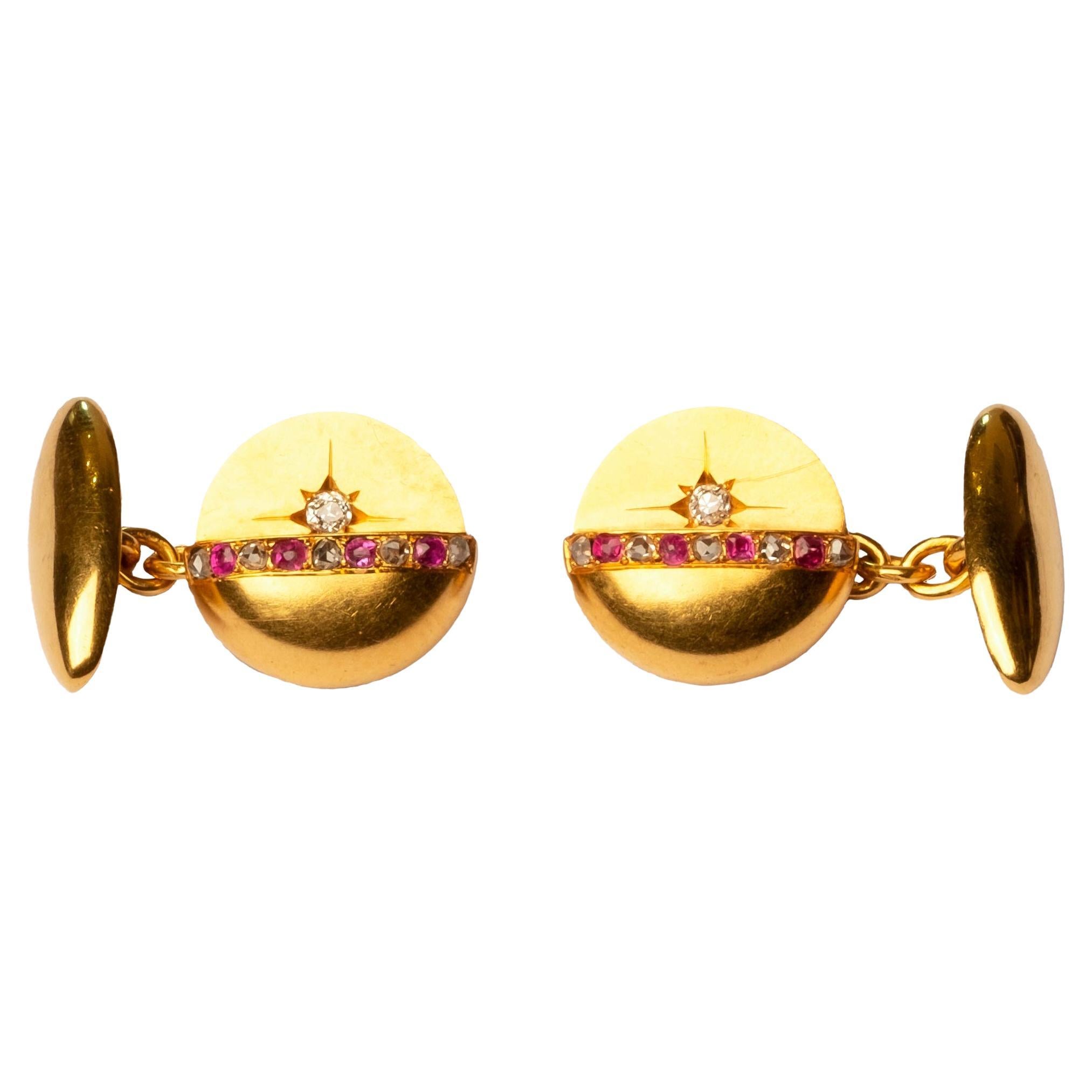 Gemelos de rubí y diamantes Oro de 18 ct engaste estrella redonda