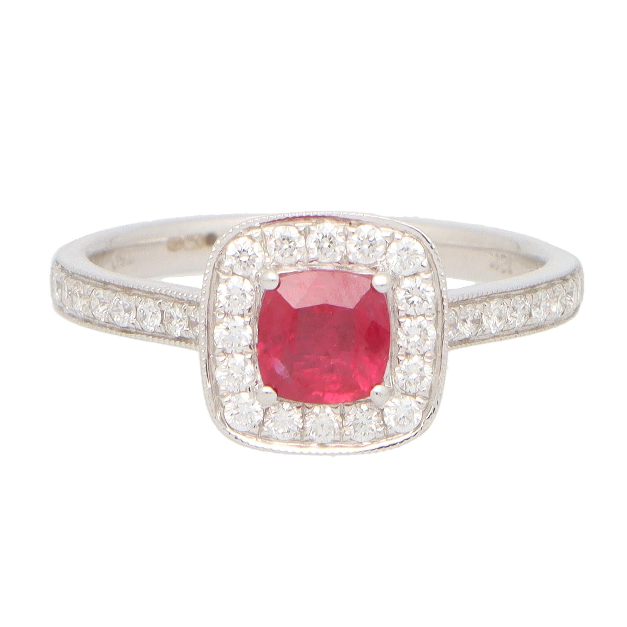 Ruby and Diamond Cushion Cut Cluster Engagement Ring Set in 18k White Gold For Sale