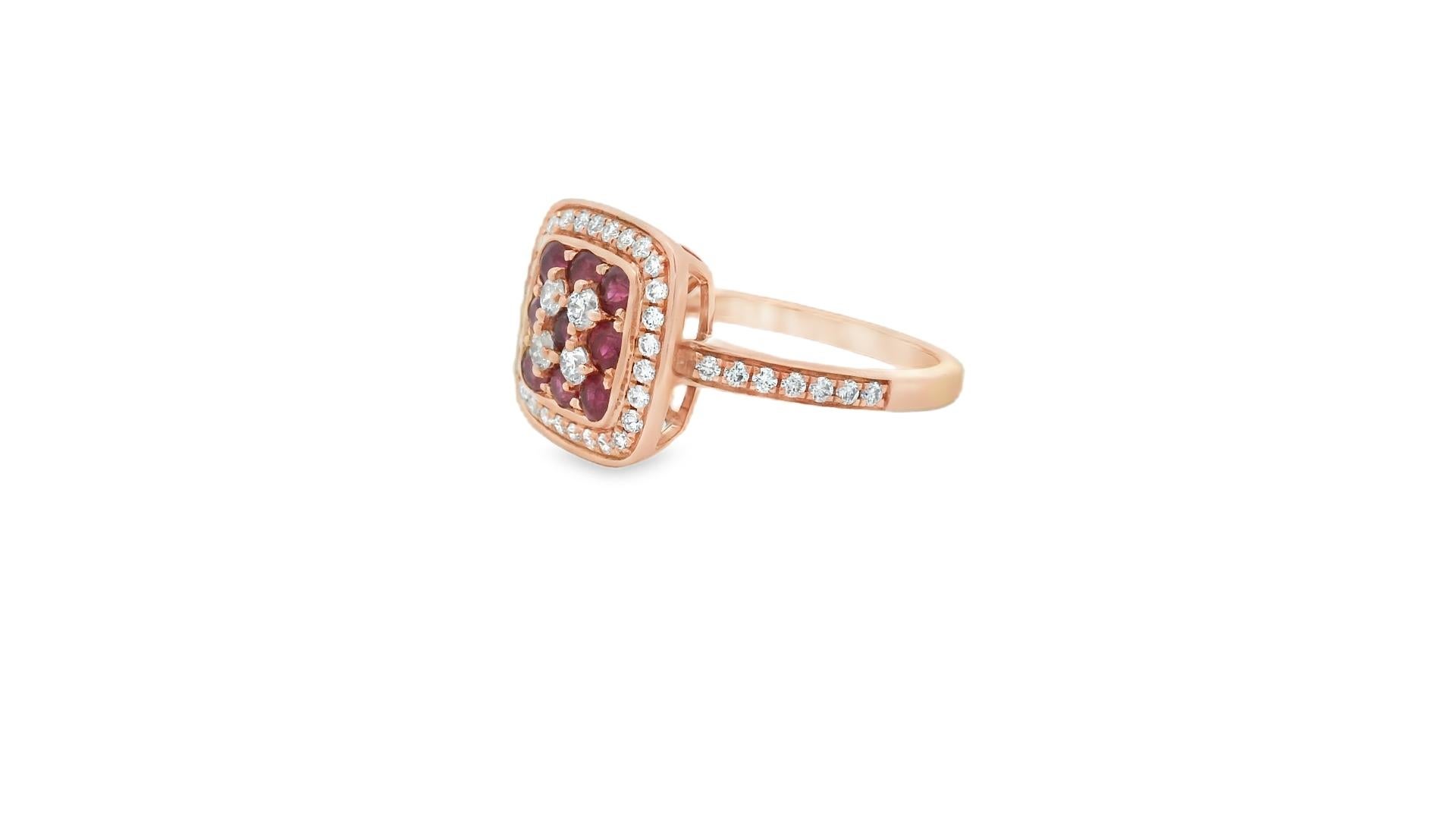 Rich in color and contrast, this cushion-halo ring features a vibrant grid of round rubies framed by brilliant diamonds, all set in warm 14K rose gold. A total of 9 rubies, measuring 2.30mm each and totaling 1.30 carats, are arranged in a structured