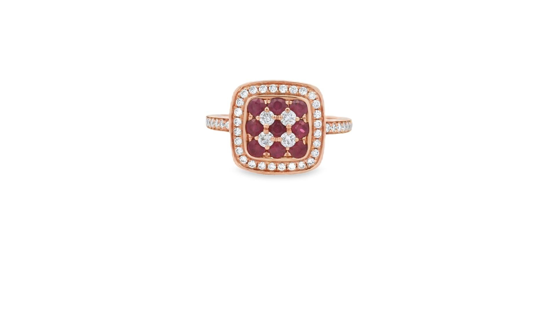 Round Cut Ruby and Diamond Cushion Halo Ring 1.30ct in 14K Rose Gold Size 7 For Sale