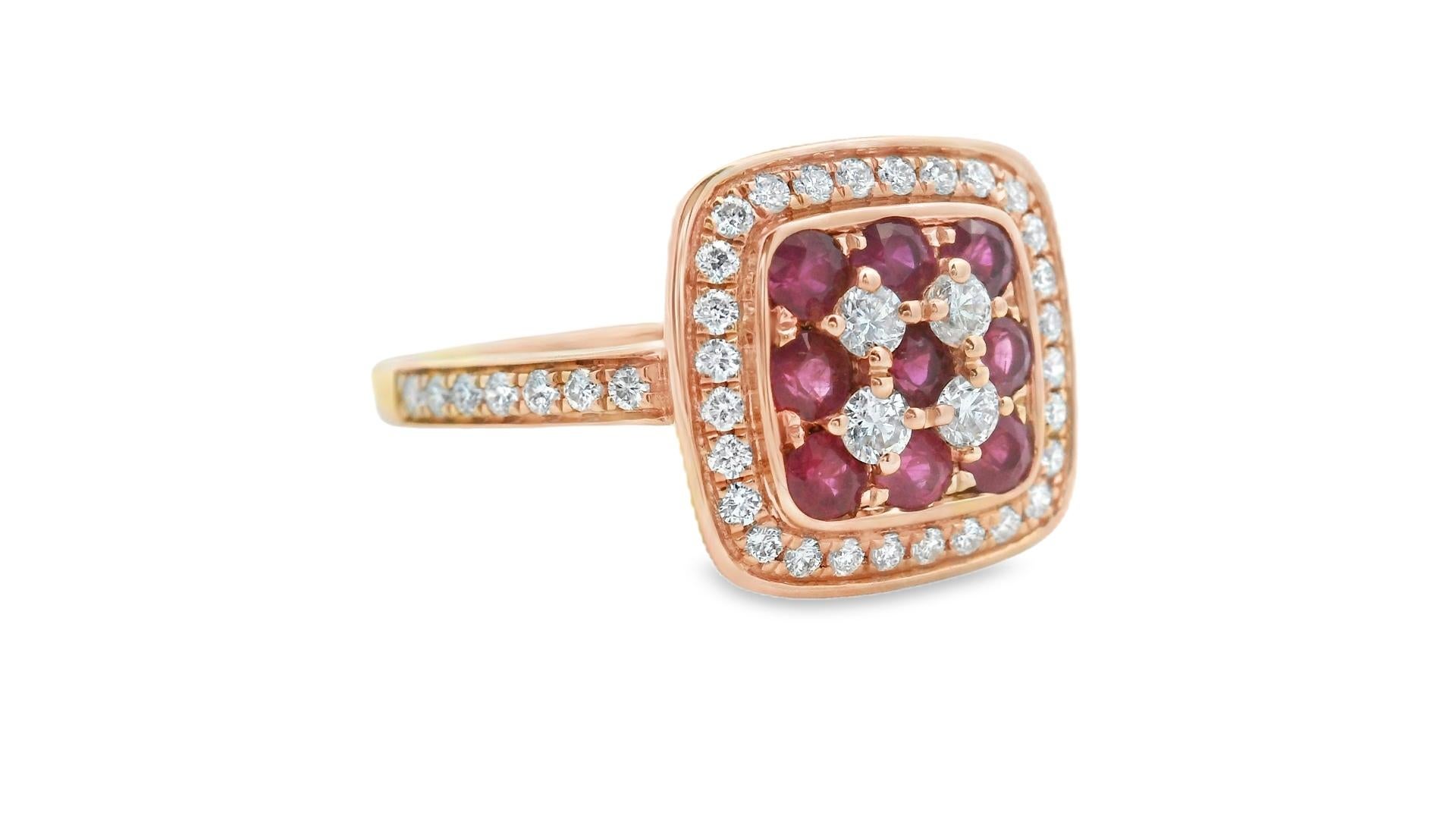 Women's Ruby and Diamond Cushion Halo Ring 1.30ct in 14K Rose Gold Size 7 For Sale