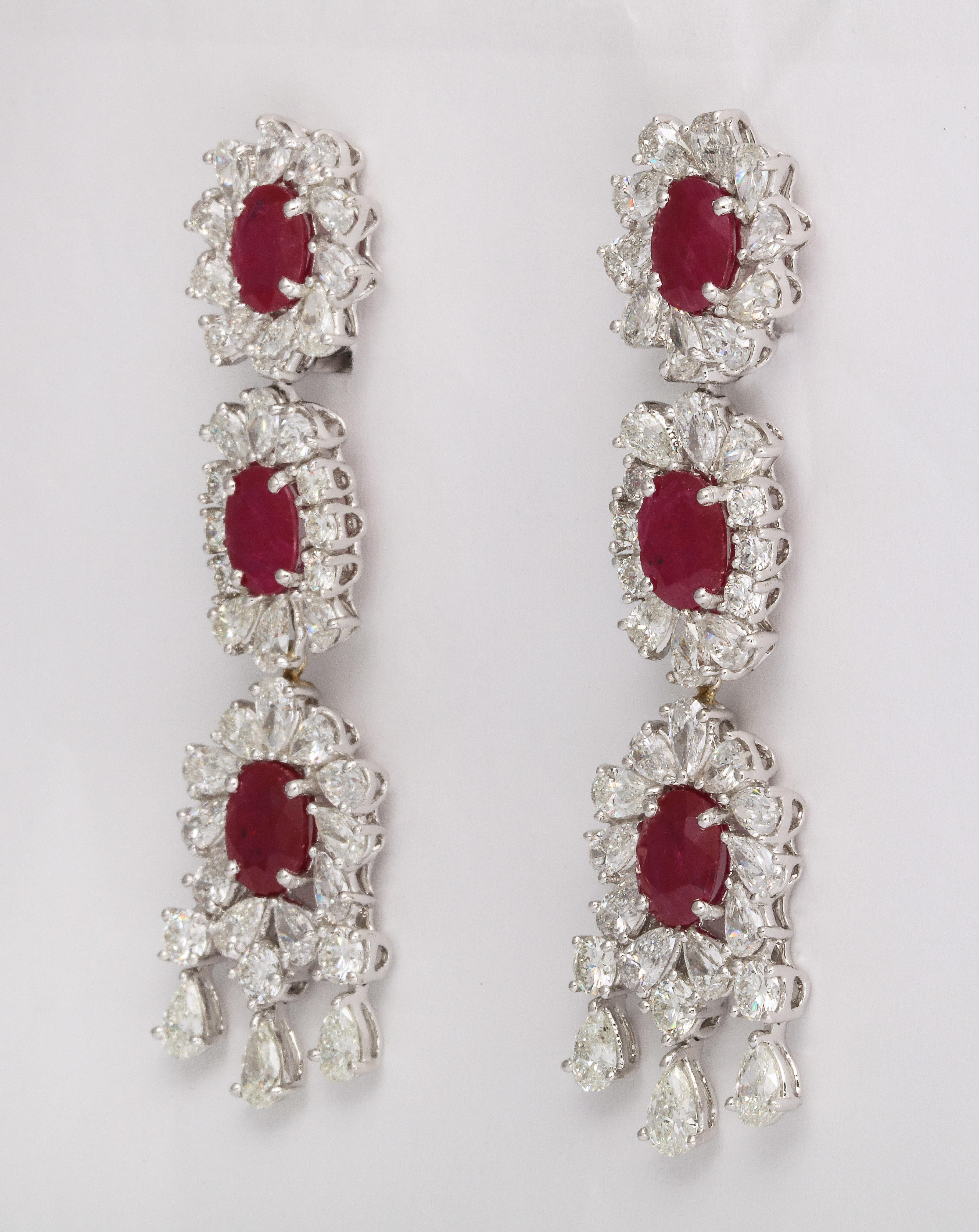 Oval Cut Ruby and Diamond Dangle Drop Earrings