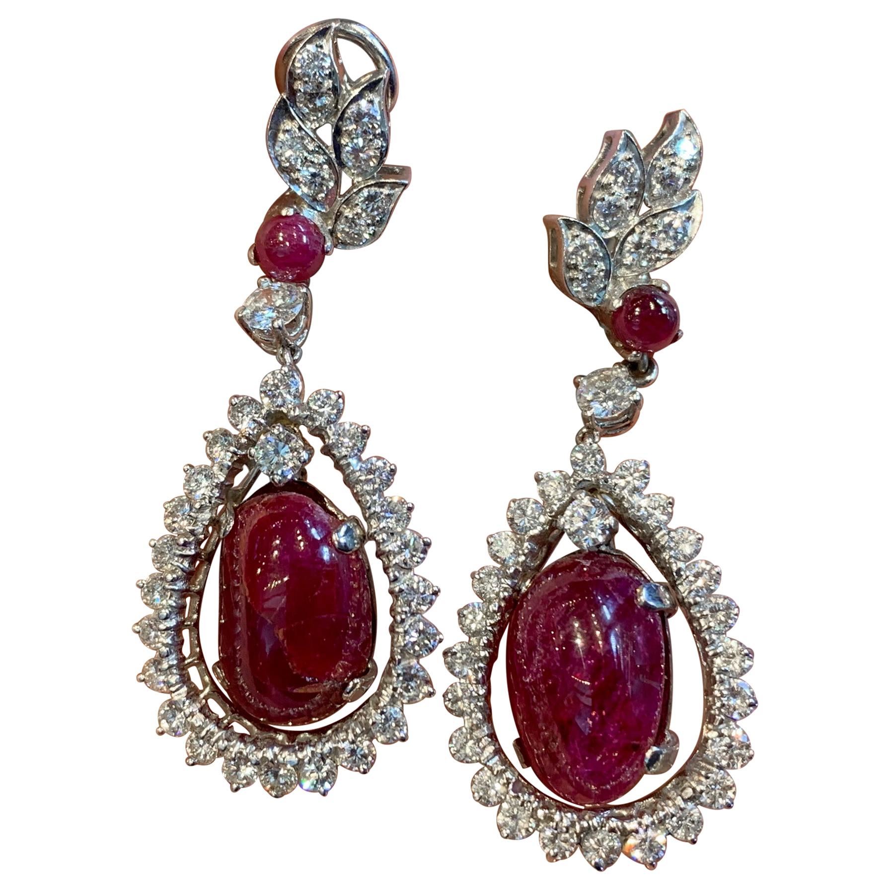Ruby and Diamond Dangle Drop Earrings For Sale