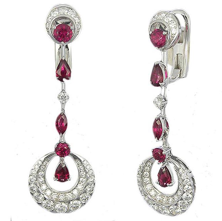Ruby and Diamond Dangle Earrings For Sale