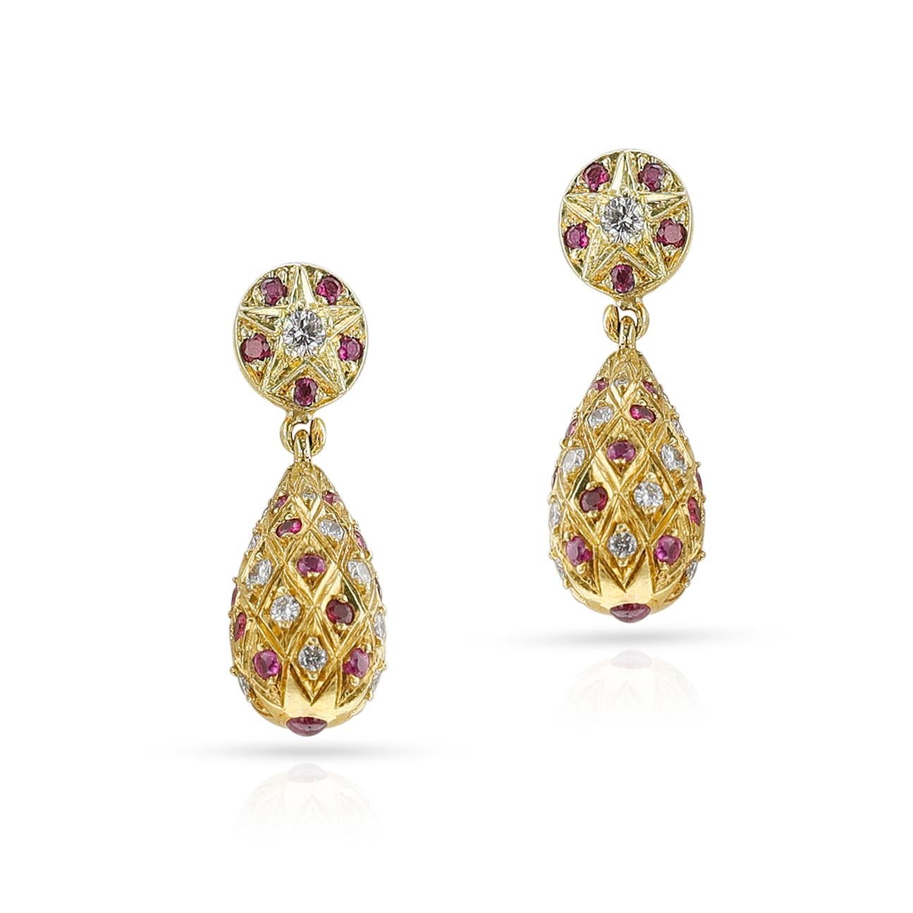 Round Cut Ruby and Diamond Dangling Earrings with Gold, 18k For Sale