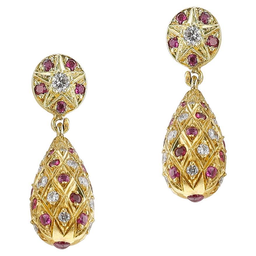 Ruby and Diamond Dangling Earrings with Gold, 18k For Sale