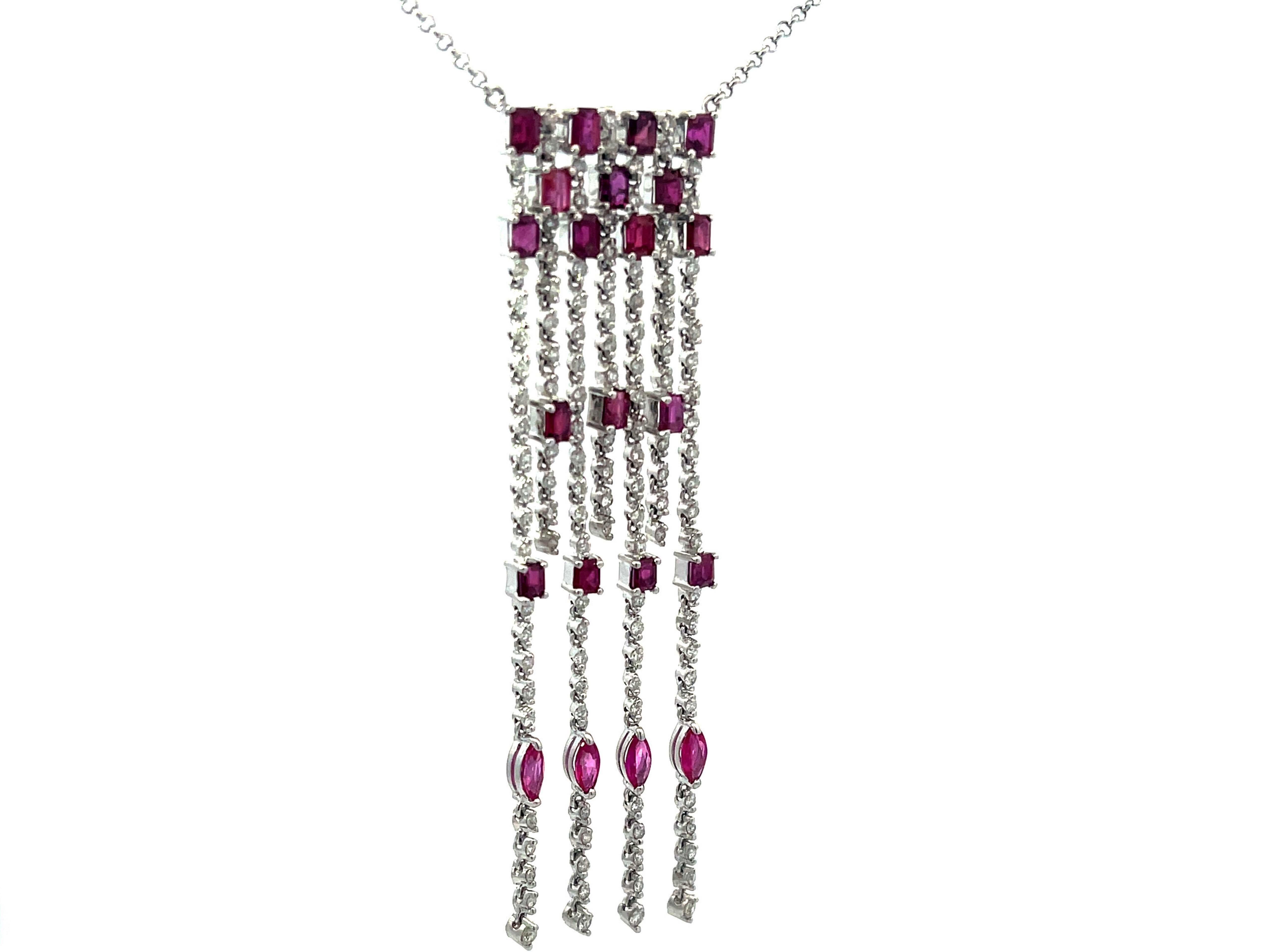 Modern Ruby and Diamond Dangly Necklace in 18K White Gold For Sale